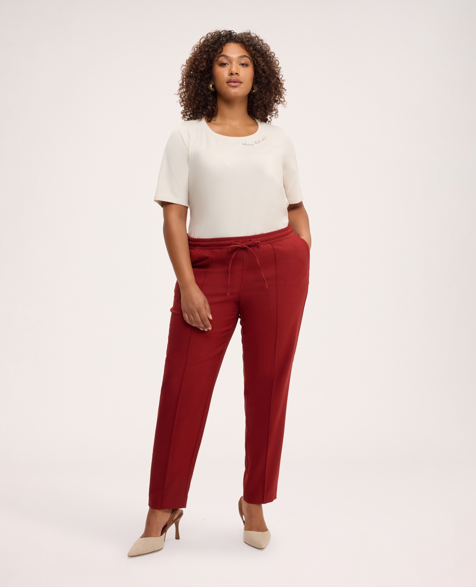 Pantalones de mujer rectos con cordón ajustable cintura elástica con cordón ajustable bolsillos diagonales - Fiorella Rubino - Marrón Marrón-1