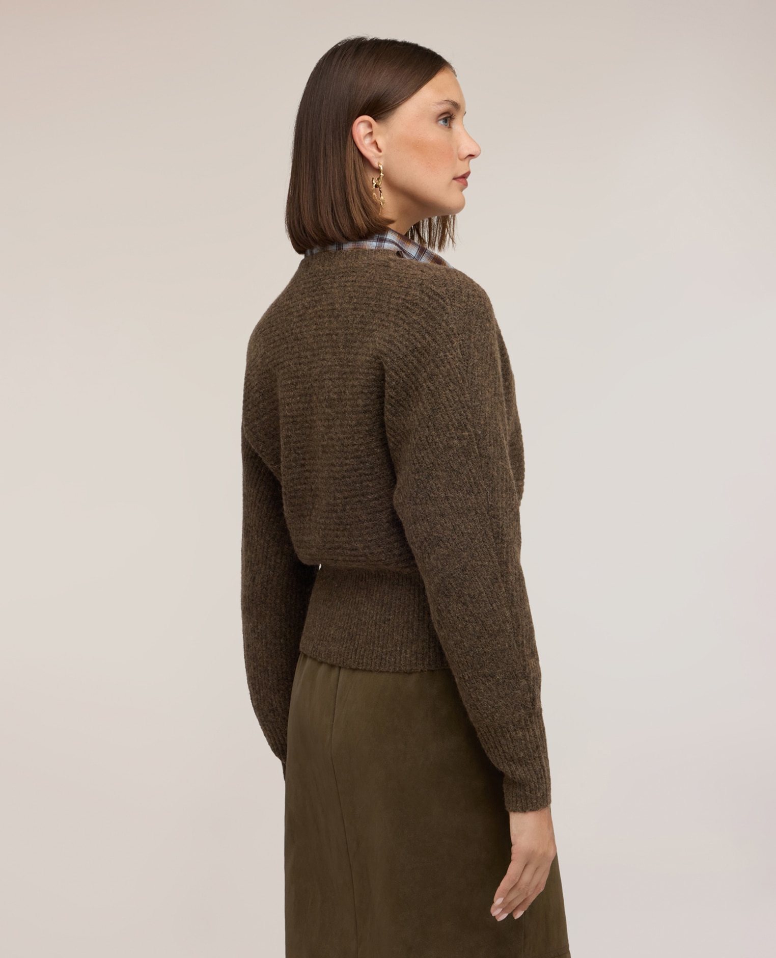 Cárdigan de mujer kimono de lana de alpaca con piedras modelo corto con estilo kimono cierre frontal con botones visibles y aplicación de piedras a lo largo del borde delantero - Motivi - Marrón Marrón-2