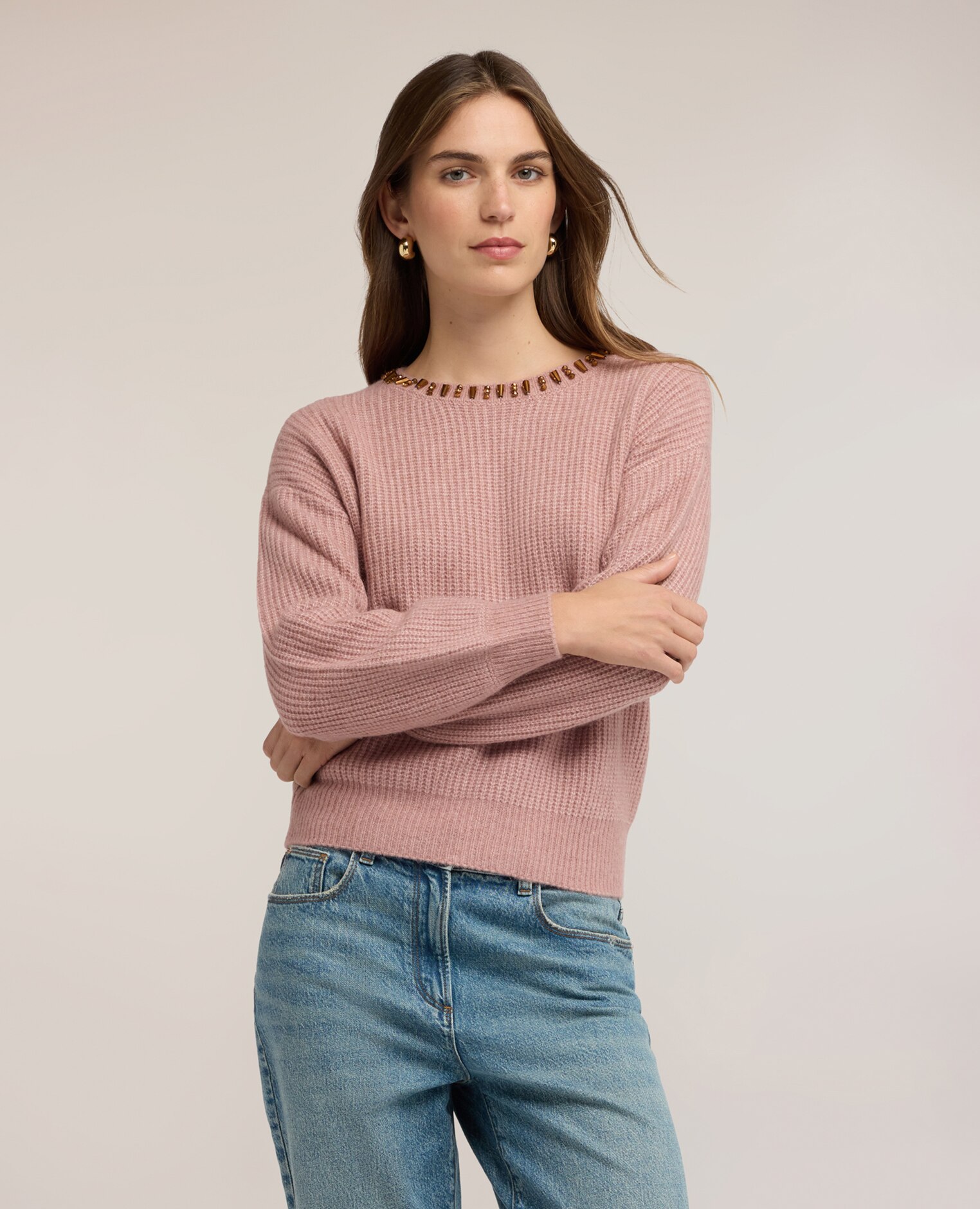 Jersey de mujer de canalé mezcla de alpaca con piedras cuello redondo con aplicaciones de piedras - Motivi - Rosa Rosa-1