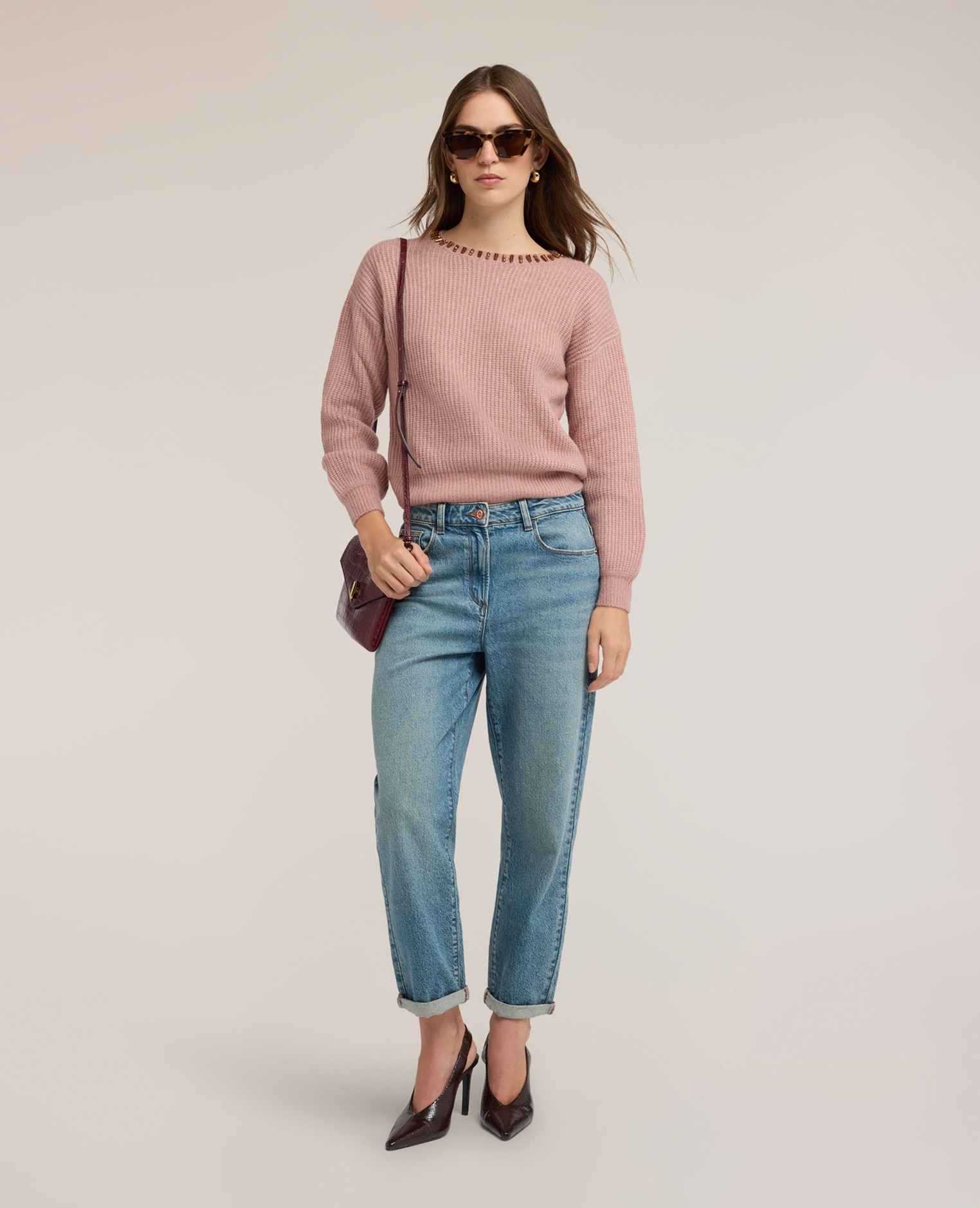 Jersey de mujer de canalé mezcla de alpaca con piedras cuello redondo con aplicaciones de piedras - Motivi - Rosa Rosa-3