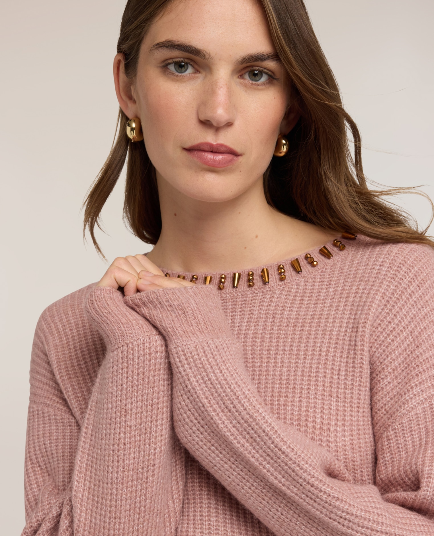 Jersey de mujer de canalé mezcla de alpaca con piedras cuello redondo con aplicaciones de piedras - Motivi - Rosa Rosa-4