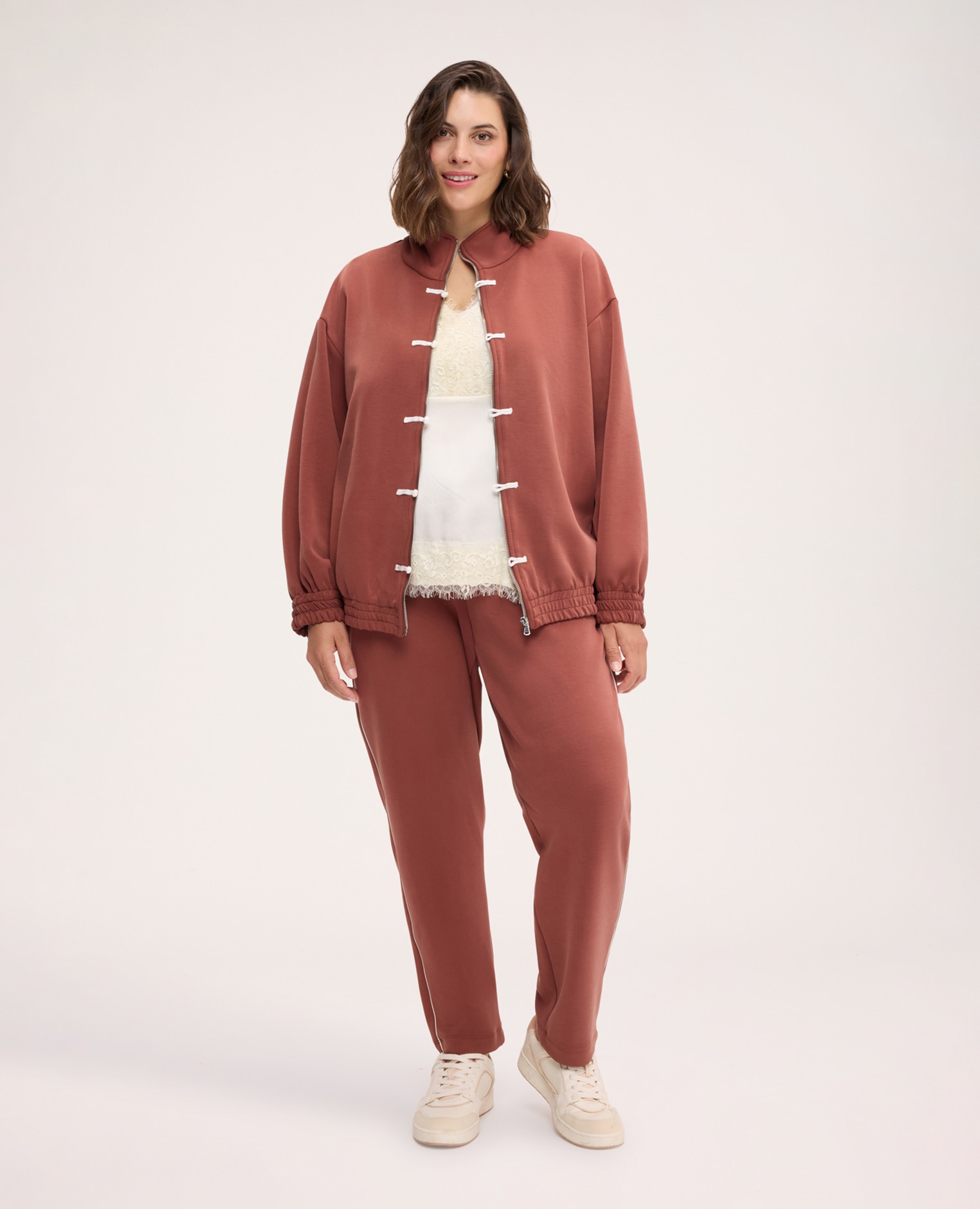 Sudadera de mujer con cremallera y botones mangas largas con puños elásticos - Fiorella Rubino - Marrón Marrón-3