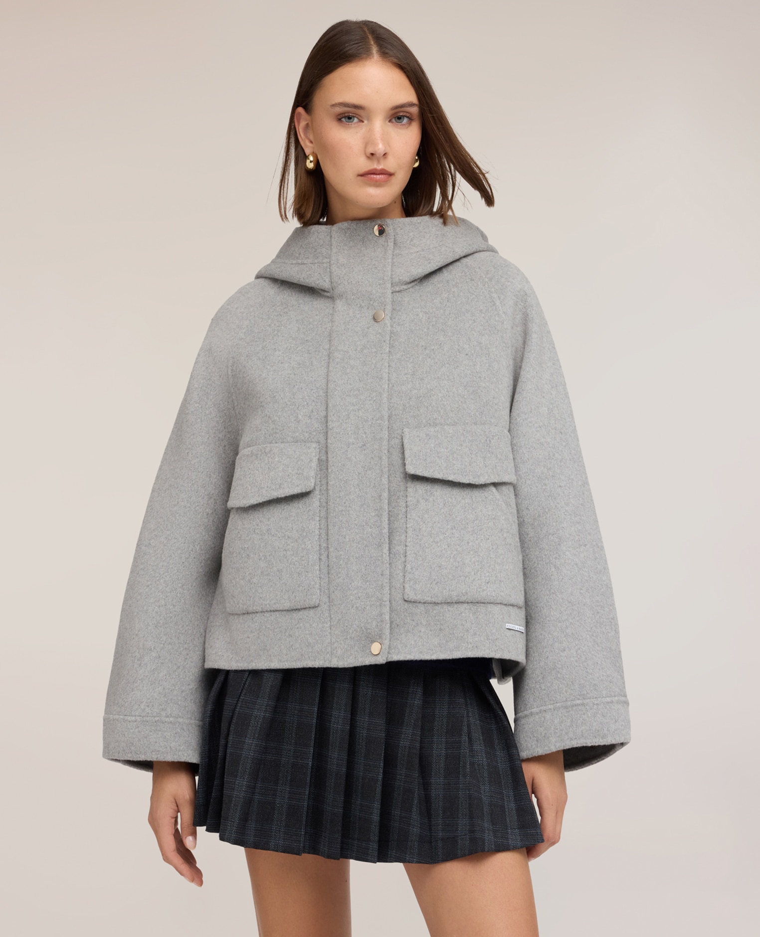 Chaqueta de mujer en paño de lana mixta con capucha capucha mangas largas raglán - Motivi - Gris Gris-1