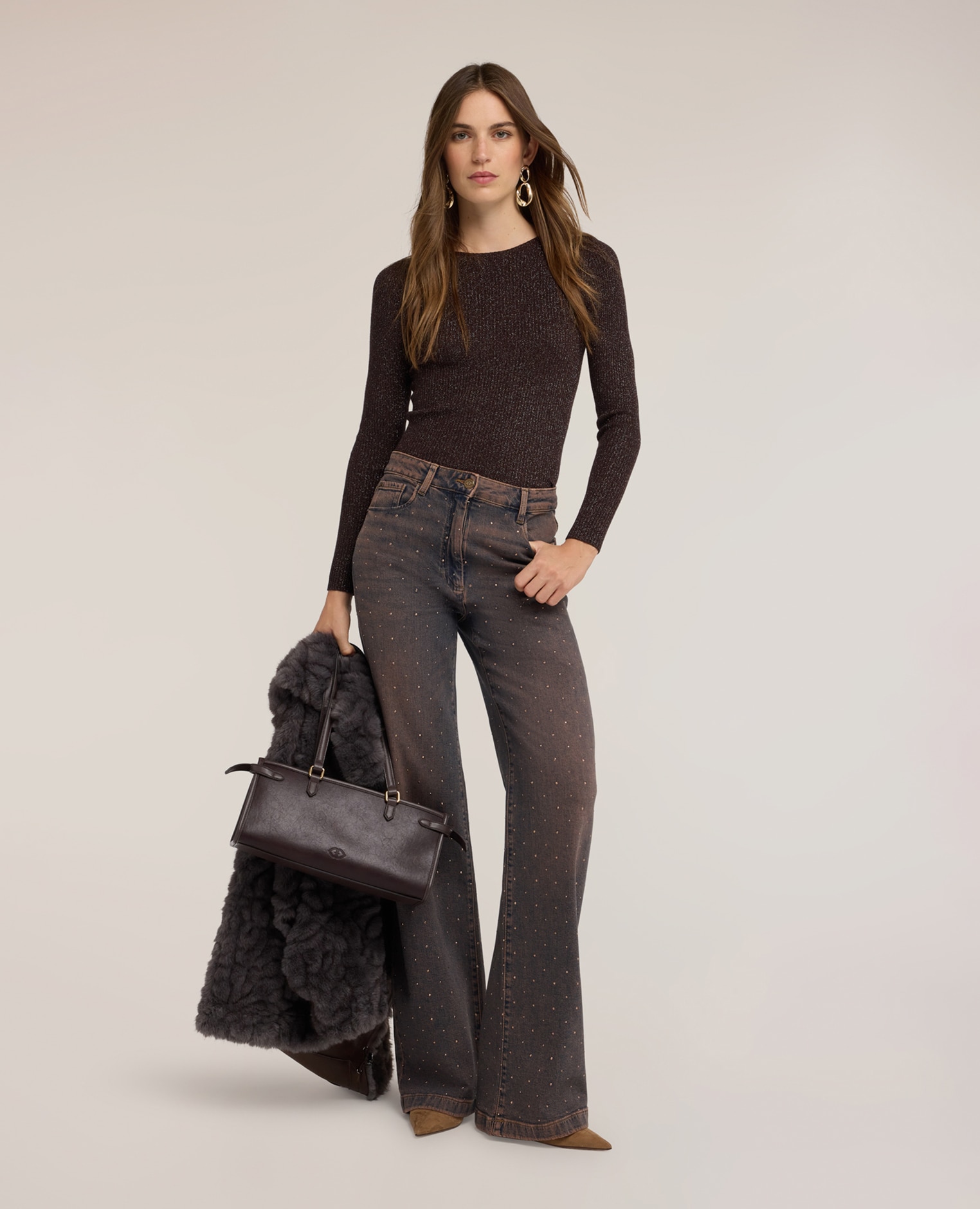 Jersey de mujer de canalé en punto fino lurex ajuste entallado largo medio - Motivi - Marrón Marrón-3