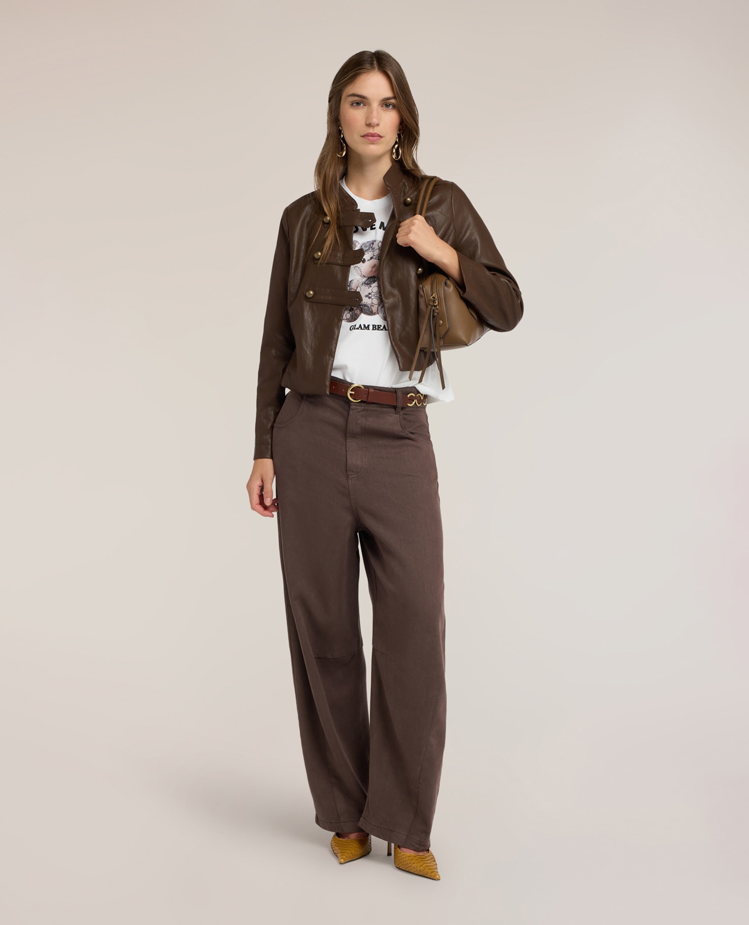 Pantalones de mujer barrel de lyocell ajuste barrel de talle alto cierre frontal con botón y cremallera - Motivi - Marrón Marrón-1