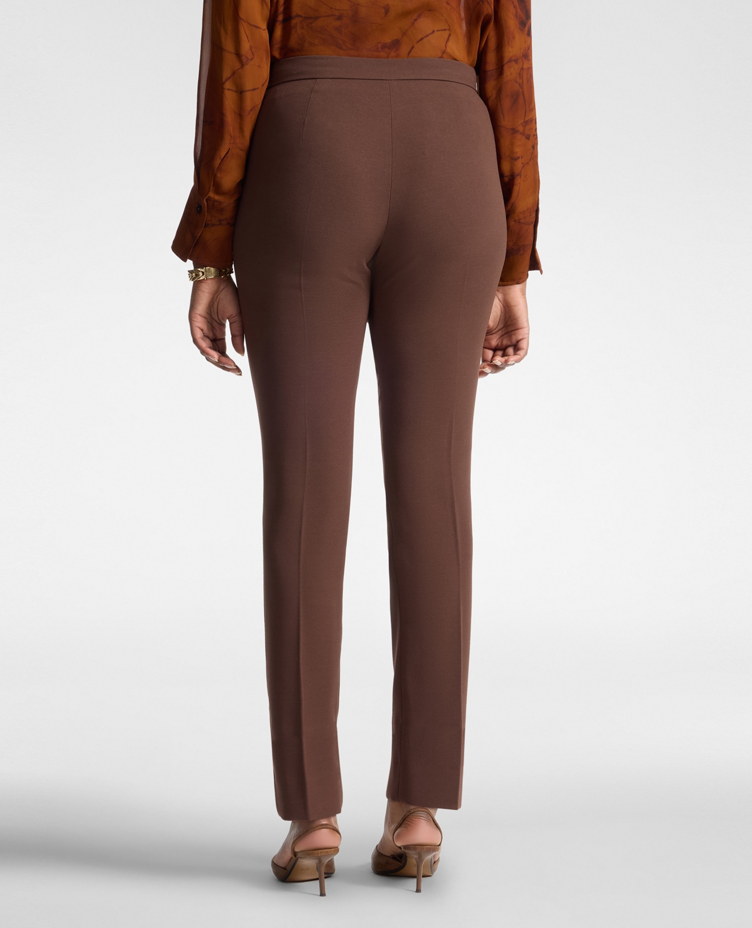 Pantalones de mujer slim en crepé mezcla de algodón ajuste entallado con pierna estrecha cierre con botón y cremallera - Elena Miró - Marrón Marrón-2