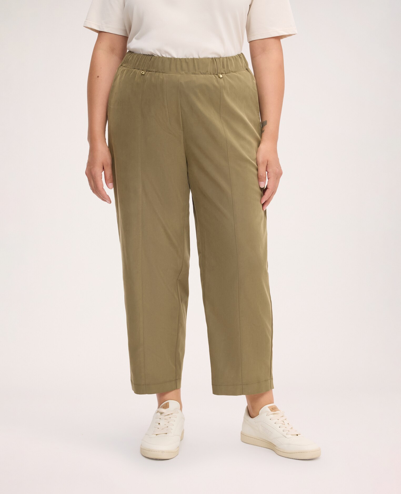 Pantalones de mujer baggy de mezcla de viscosa bolsillos verticales trabillas con remaches dorados - Fiorella Rubino - Verde militar Verde militar-3