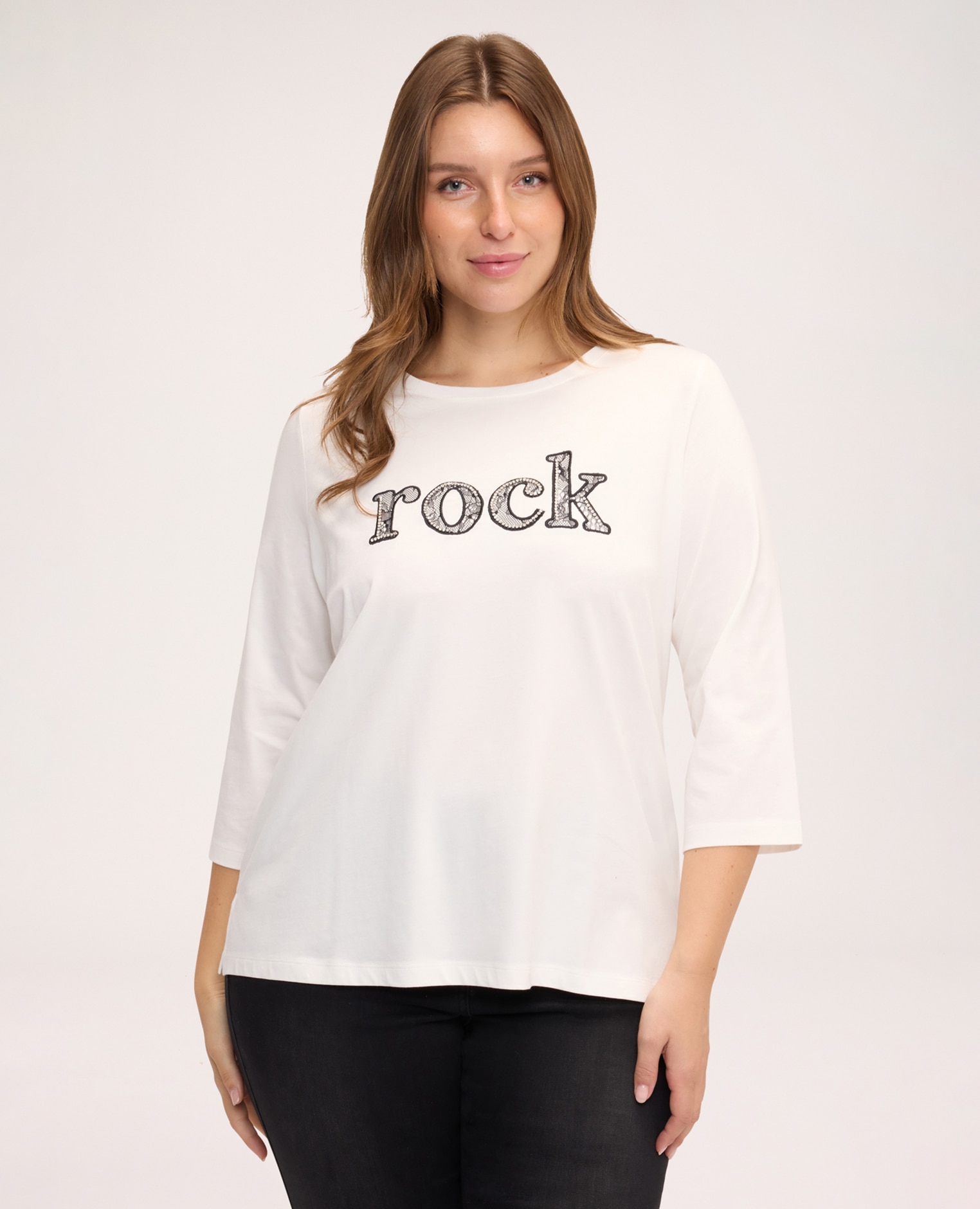 Imagen 0 de Camiseta de mujer de algodón con inscripción de encaje texto rock bordado en la parte delantera Blanco