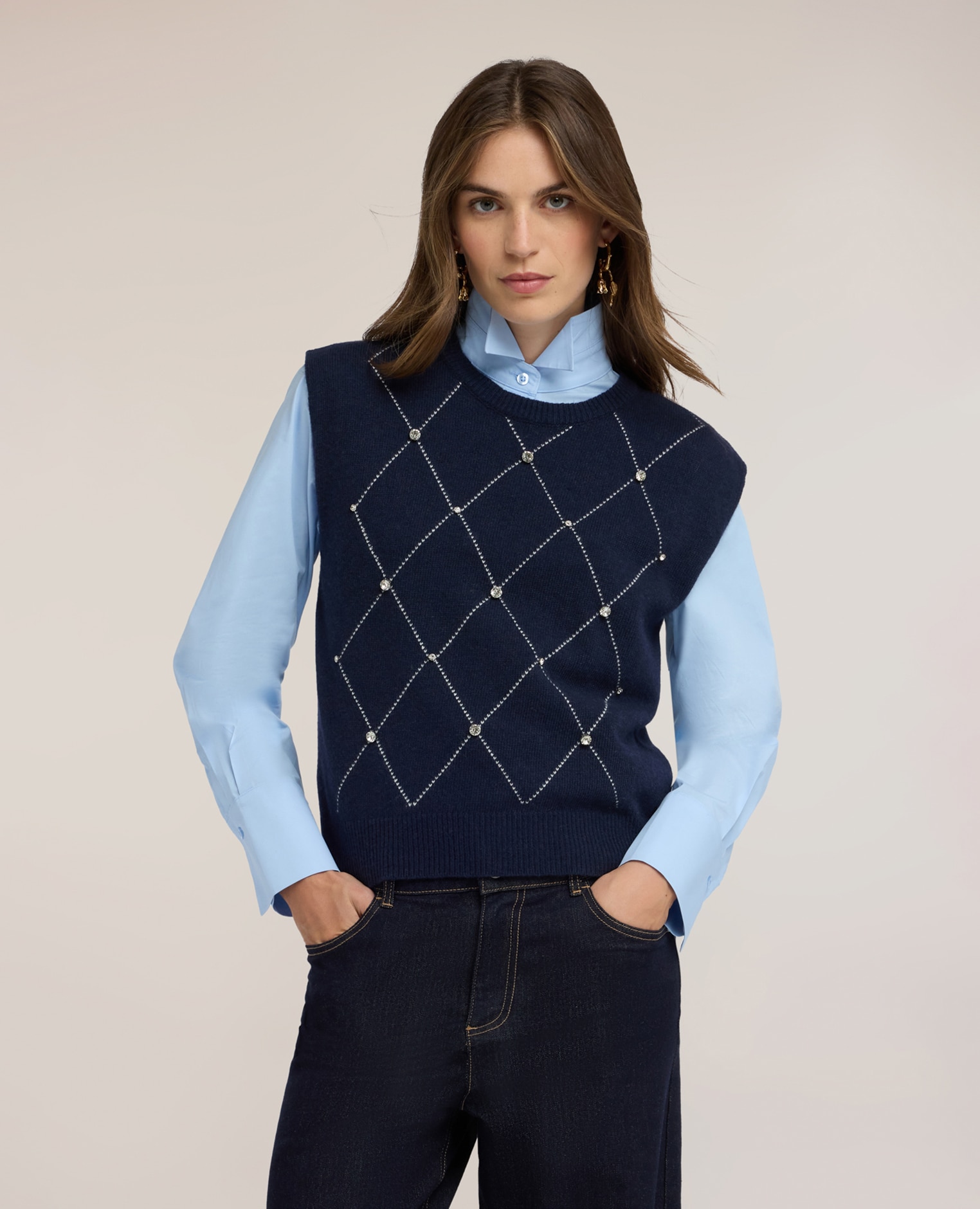Chaleco de mujer de mezcla de cachemira con motivo argyle modelo corto con ajuste regular - Motivi - Azul Azul-1