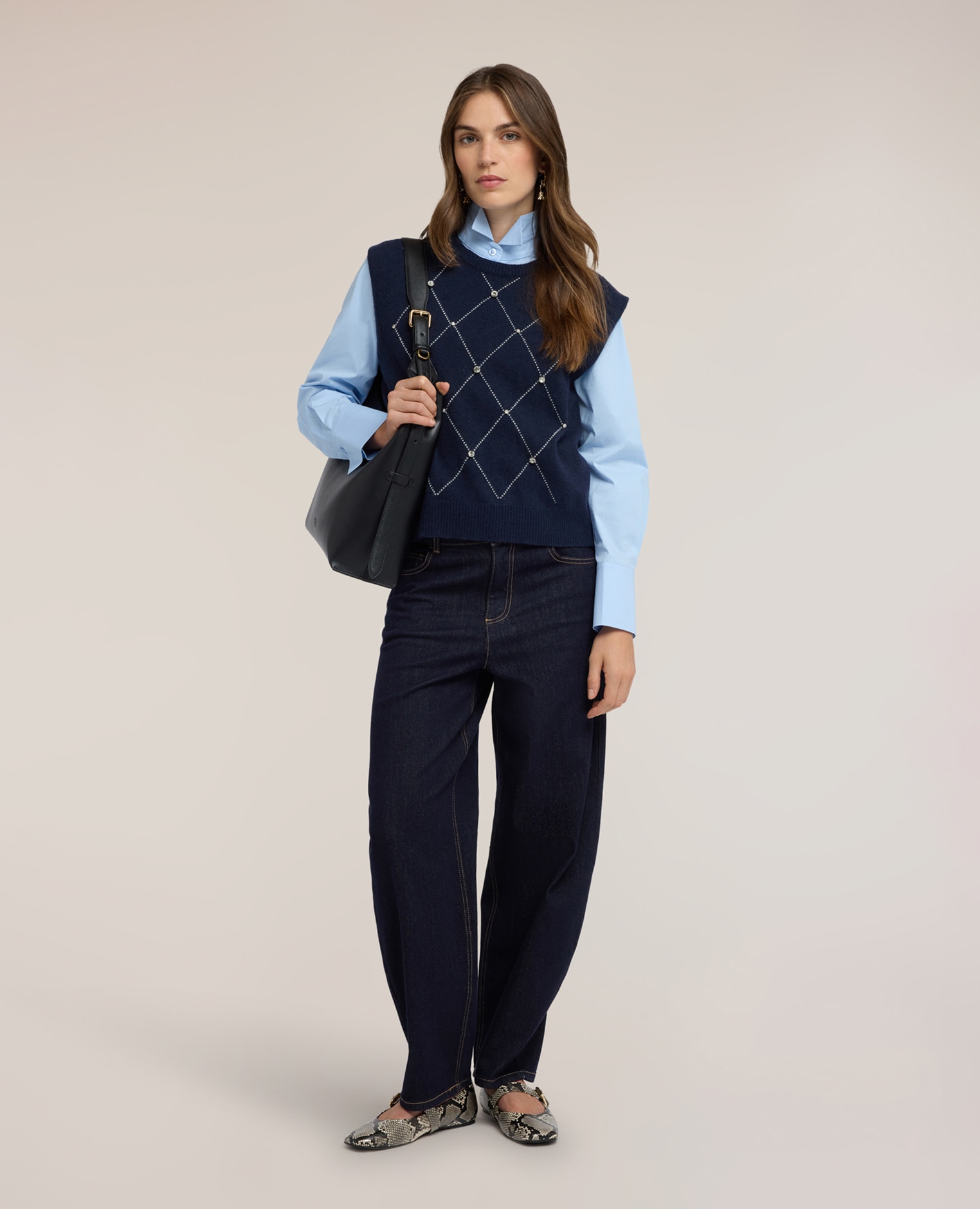 Chaleco de mujer de mezcla de cachemira con motivo argyle modelo corto con ajuste regular - Motivi - Azul Azul-3