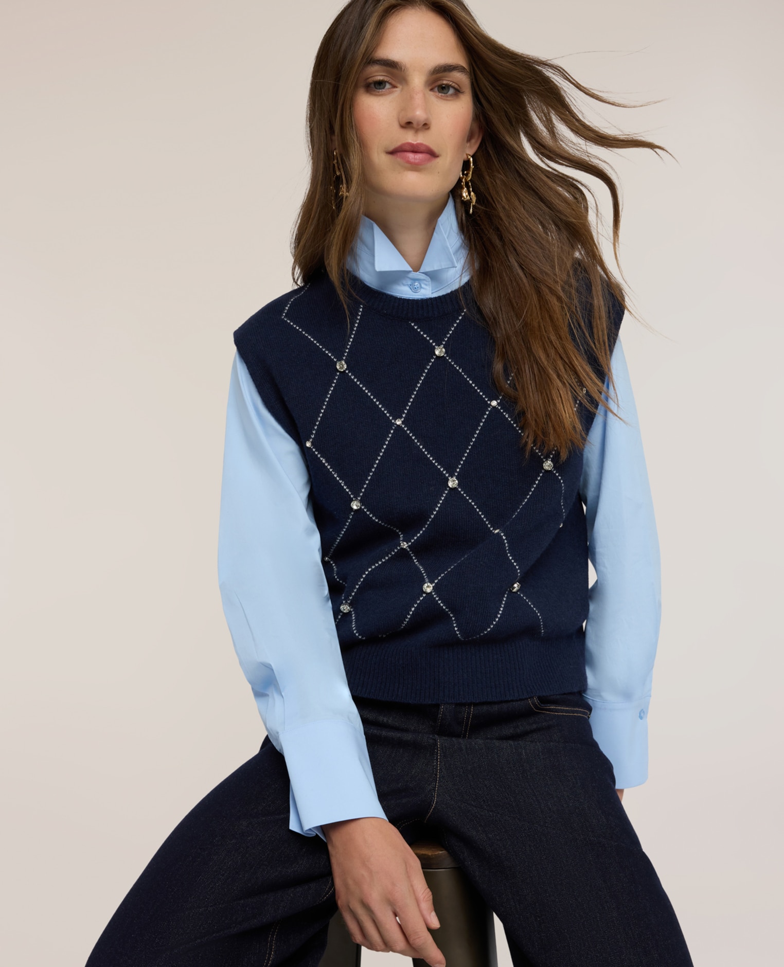 Chaleco de mujer de mezcla de cachemira con motivo argyle modelo corto con ajuste regular - Motivi - Azul Azul-4