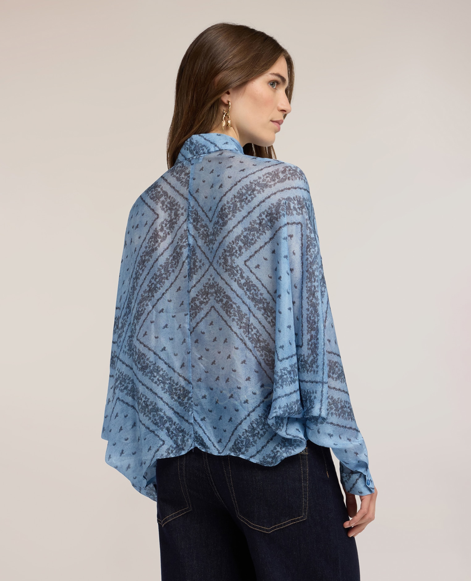 Blusa de mujer oversize de gasa mezcla seda con estampado ajuste holgado con cierre frontal de botones - Motivi - Azul claro Azul claro-2
