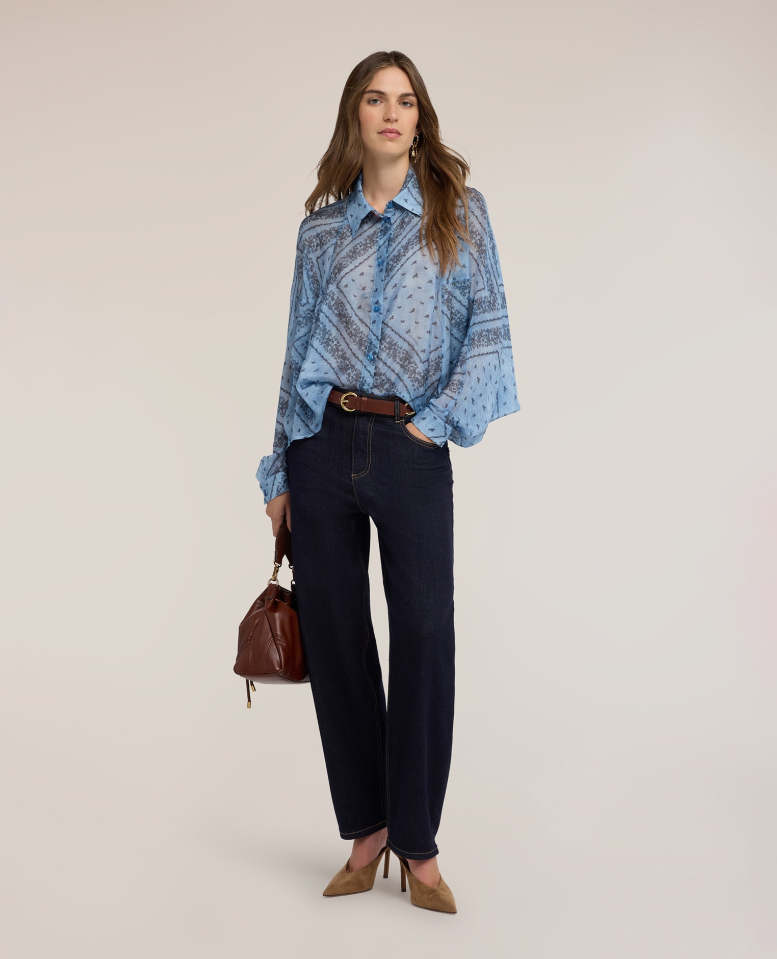 Blusa de mujer oversize de gasa mezcla seda con estampado ajuste holgado con cierre frontal de botones - Motivi - Azul claro Azul claro-3