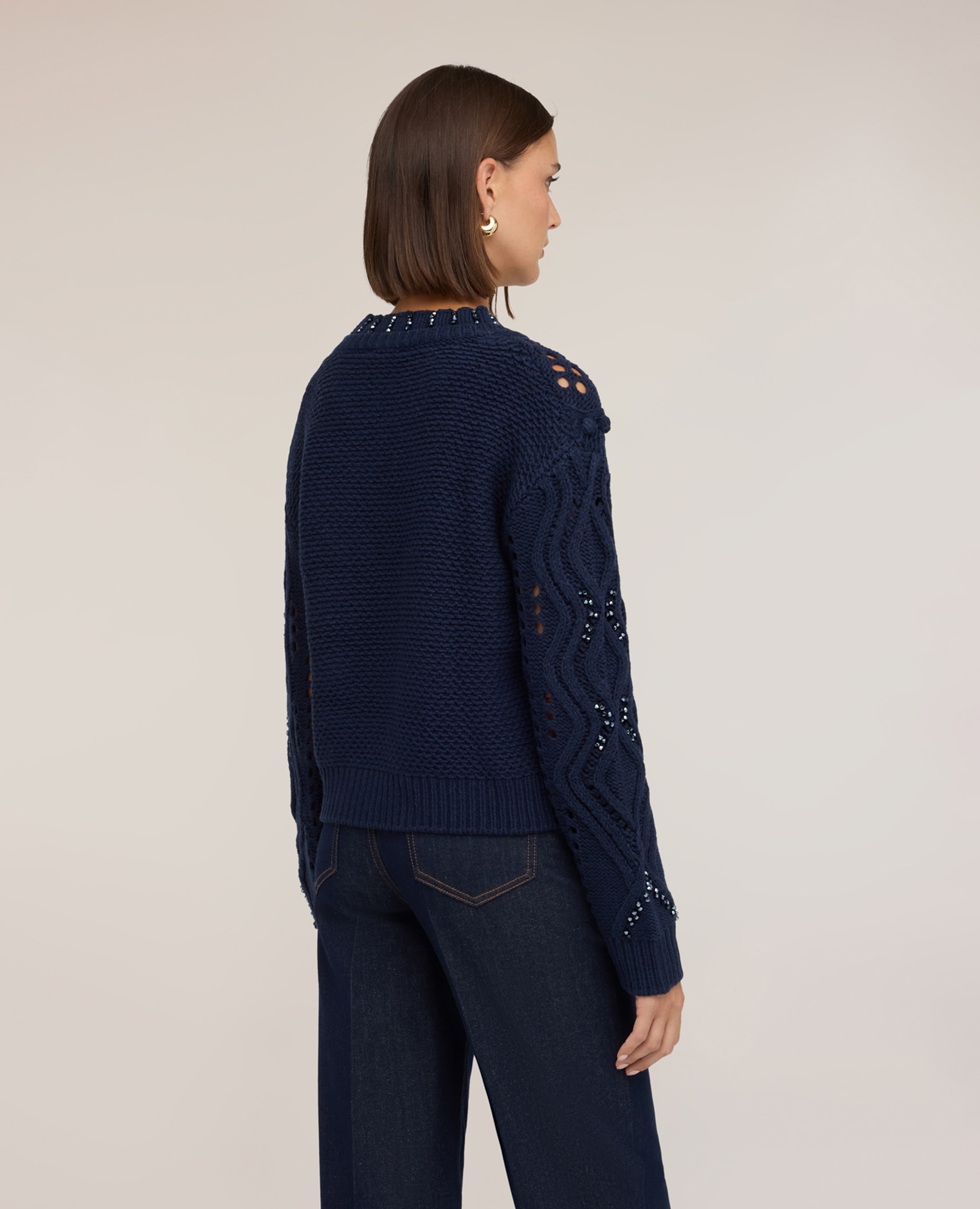 Imagen 2 de Jersey de mujer calado en mezcla de lana cuello redondo con borde de canalé bordado con piedras - Motivi - Azul Azul