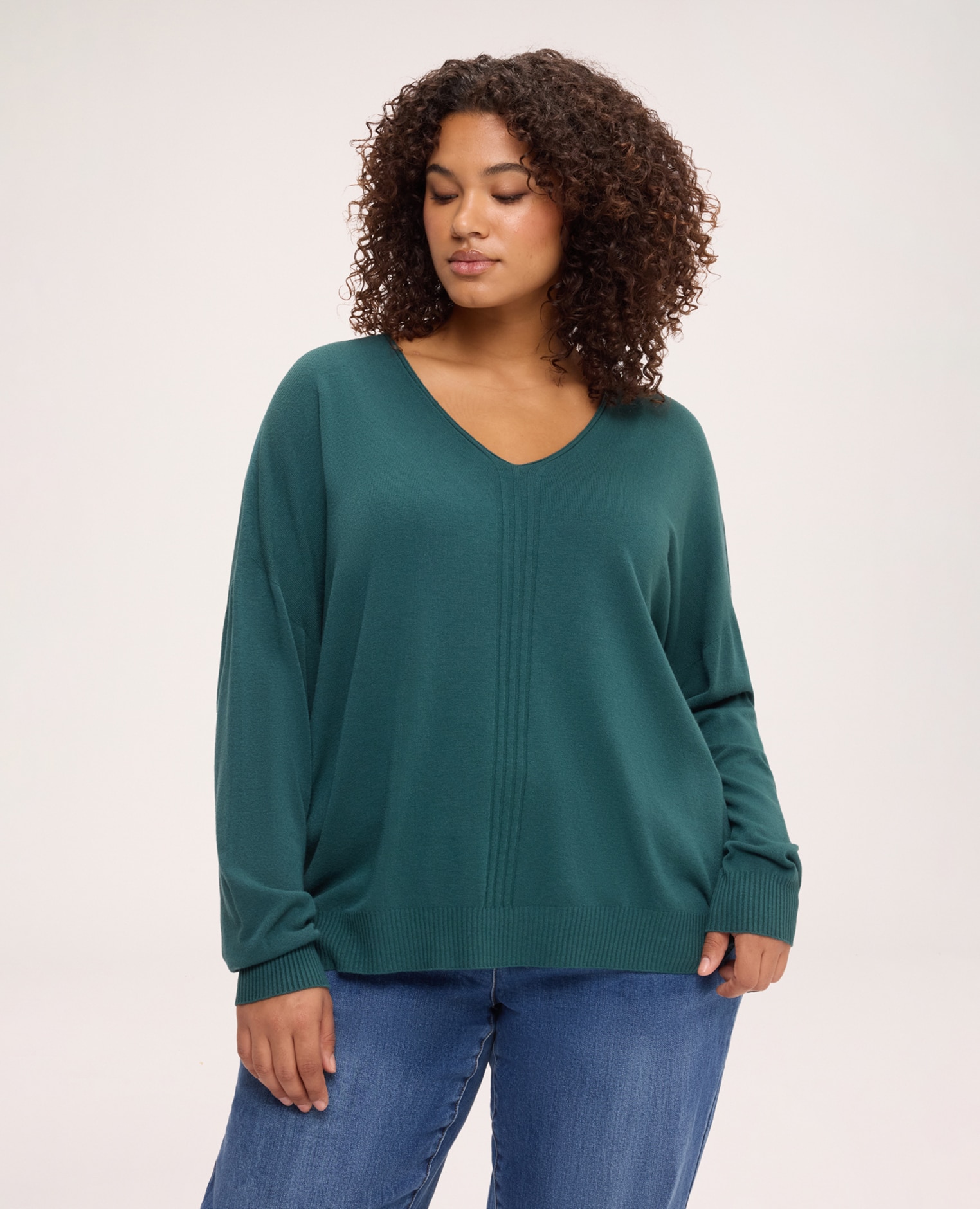 Jersey de mujer escote en v en mezcla de viscosa detalle de canalé vertical en la parte delantera mangas largas caídas - Fiorella Rubino - Verde Verde-1
