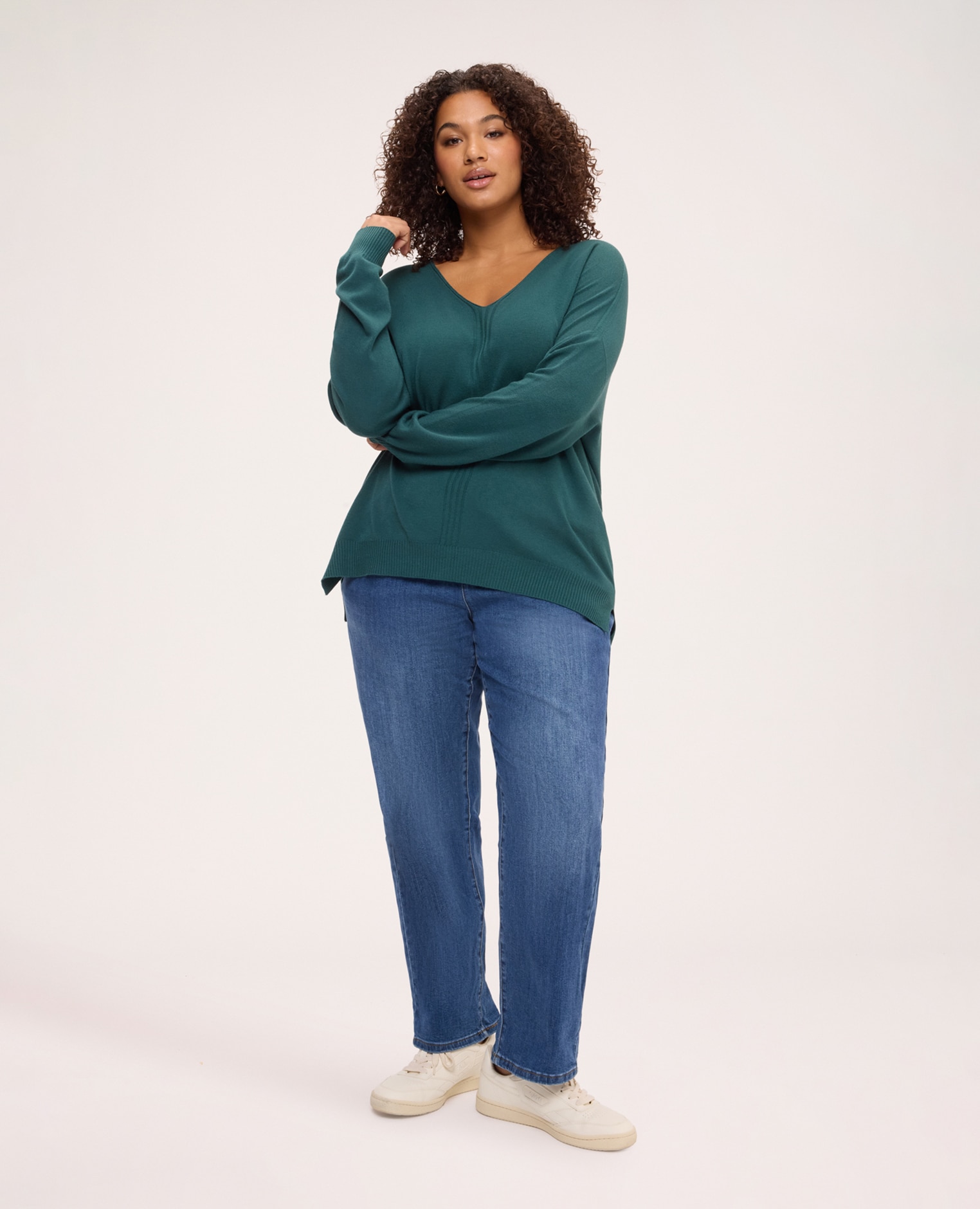 Jersey de mujer escote en v en mezcla de viscosa detalle de canalé vertical en la parte delantera mangas largas caídas - Fiorella Rubino - Verde Verde-3