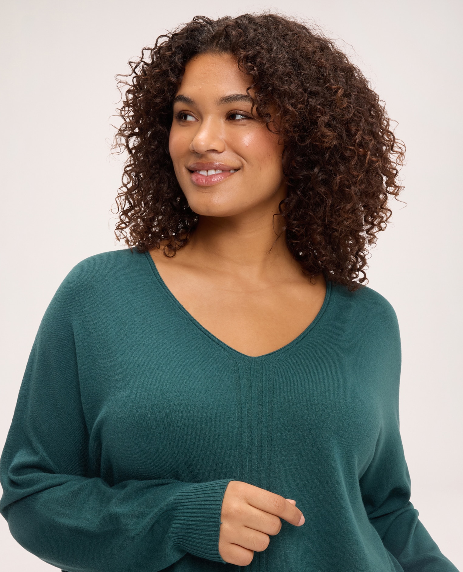 Jersey de mujer escote en v en mezcla de viscosa detalle de canalé vertical en la parte delantera mangas largas caídas - Fiorella Rubino - Verde Verde-4