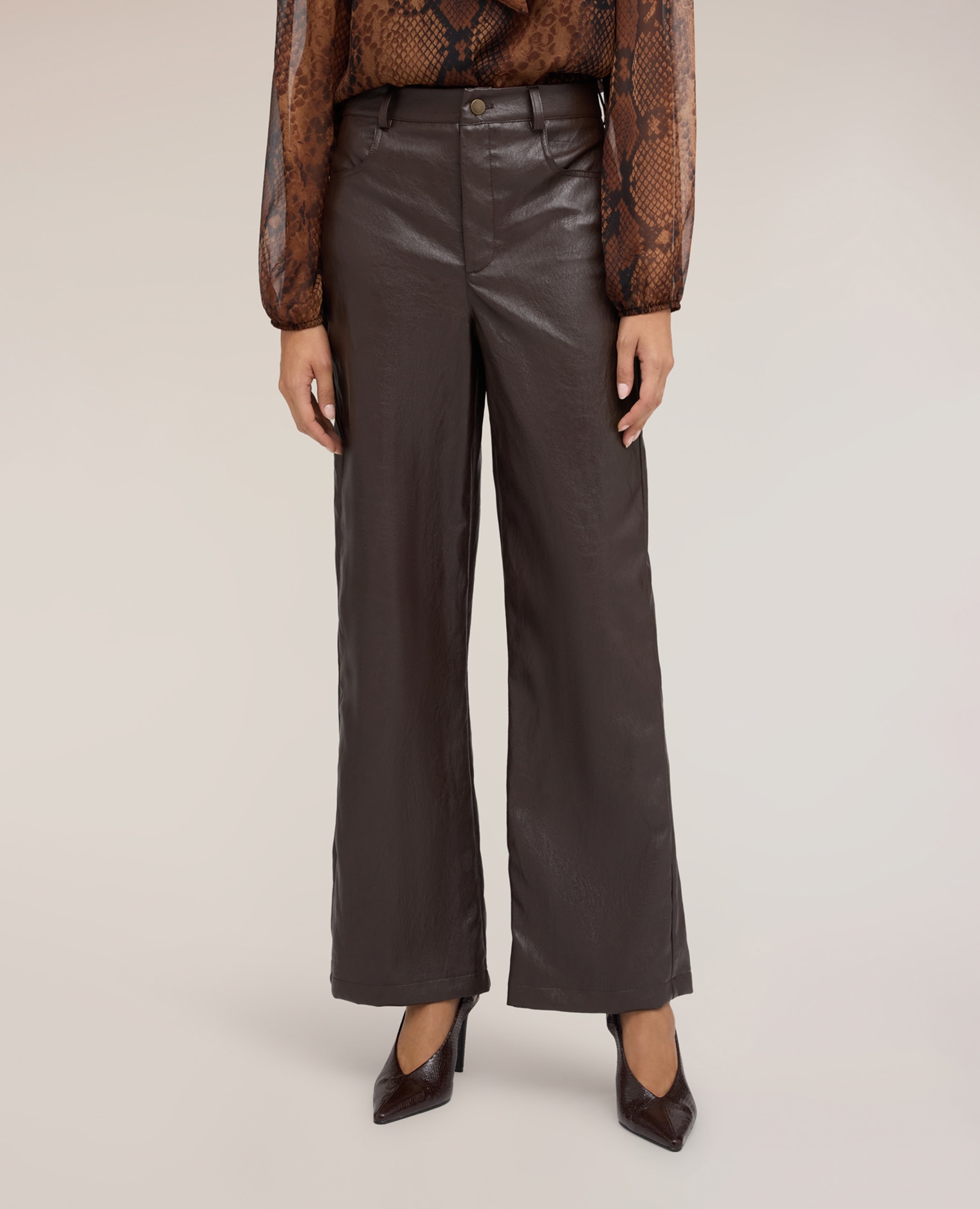 Pantalones de mujer palazzo brillantes ajuste recto cierre frontal con botón y cremallera - Motivi - Marrón Marrón-3