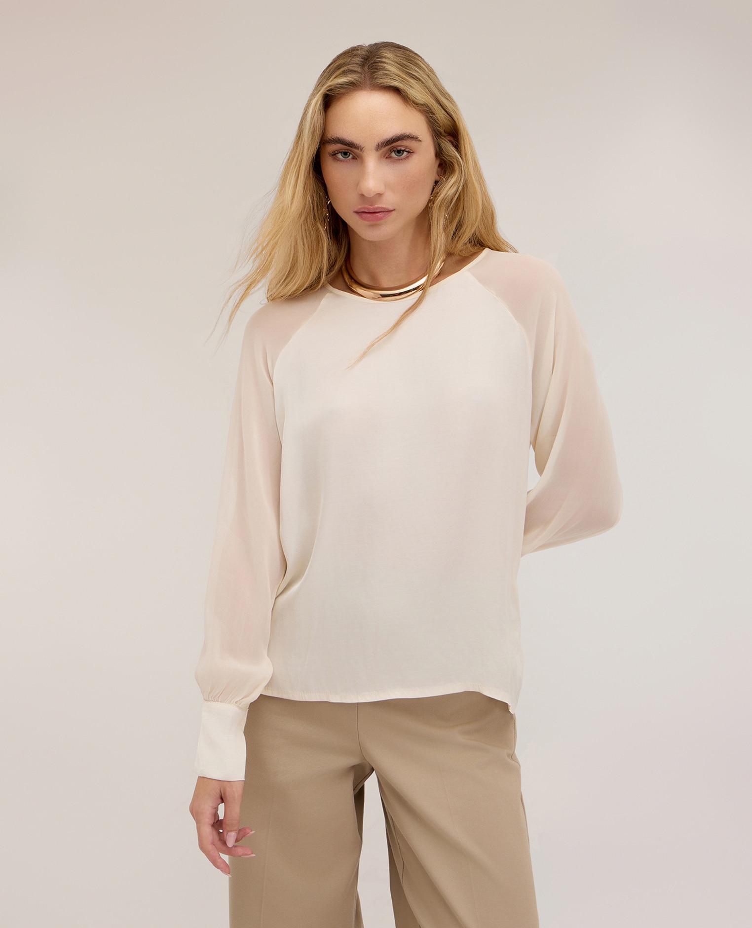 Blusa de mujer con mangas raglán semitransparentes ajuste suave con cuello redondo - Motivi - Blanco Blanco-1