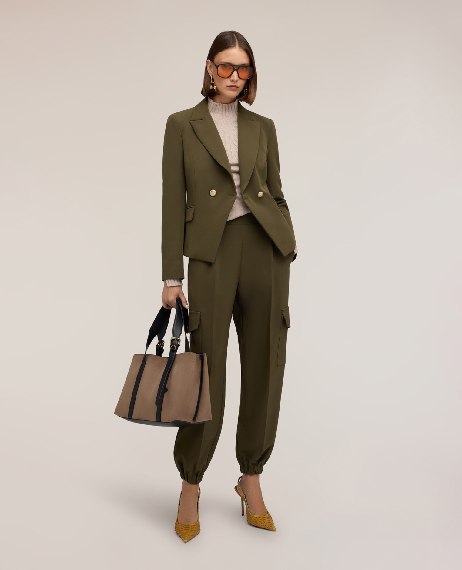 Blazer de mujer cruzado con botones joya ajuste ceñido cierre cruzado con botones color oro - Motivi - Verde militar Verde militar-3