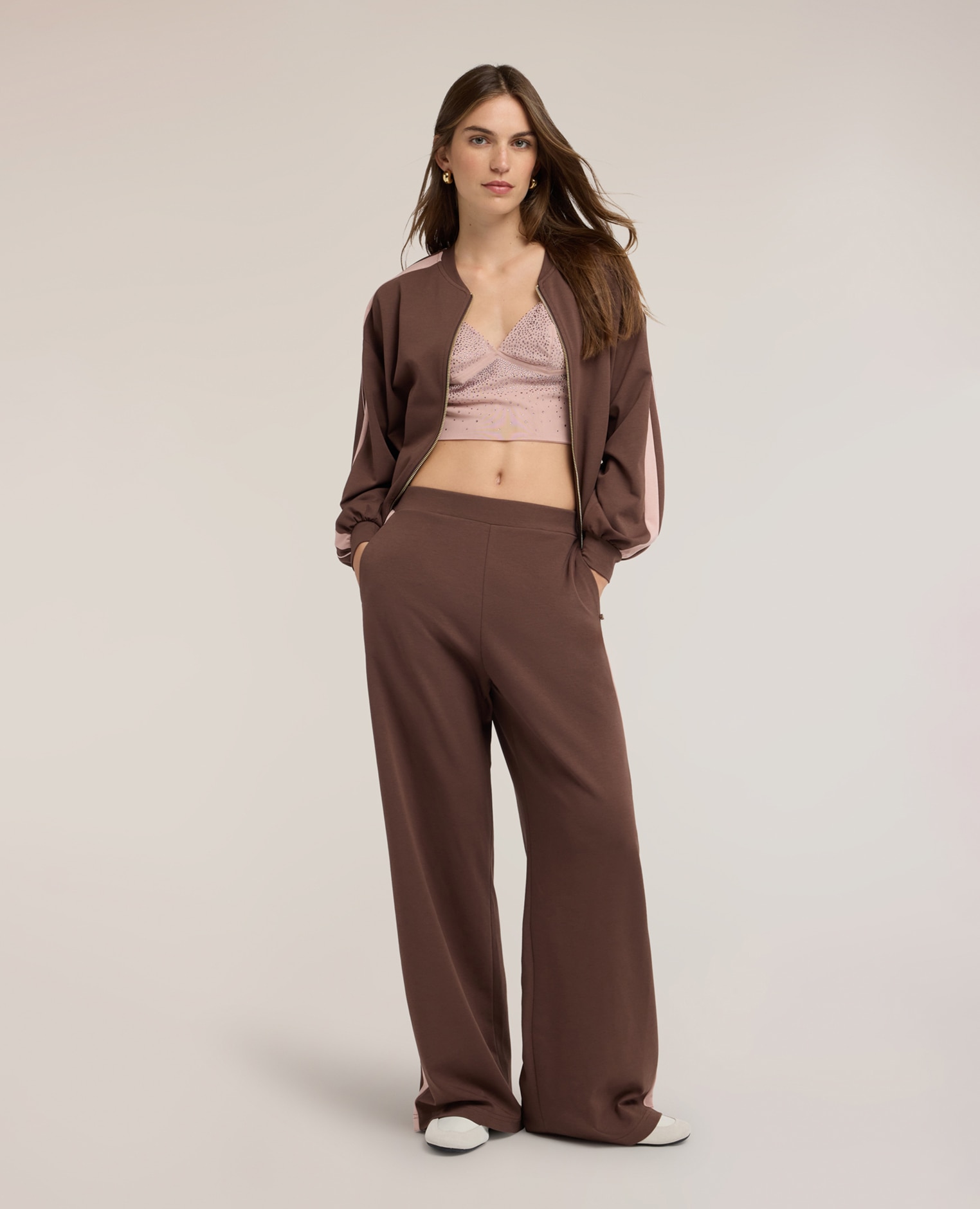 Pantalones de mujer palazzo con banda lateral ajuste ancho con banda elástica en la cintura - Motivi - Marrón Marrón-1