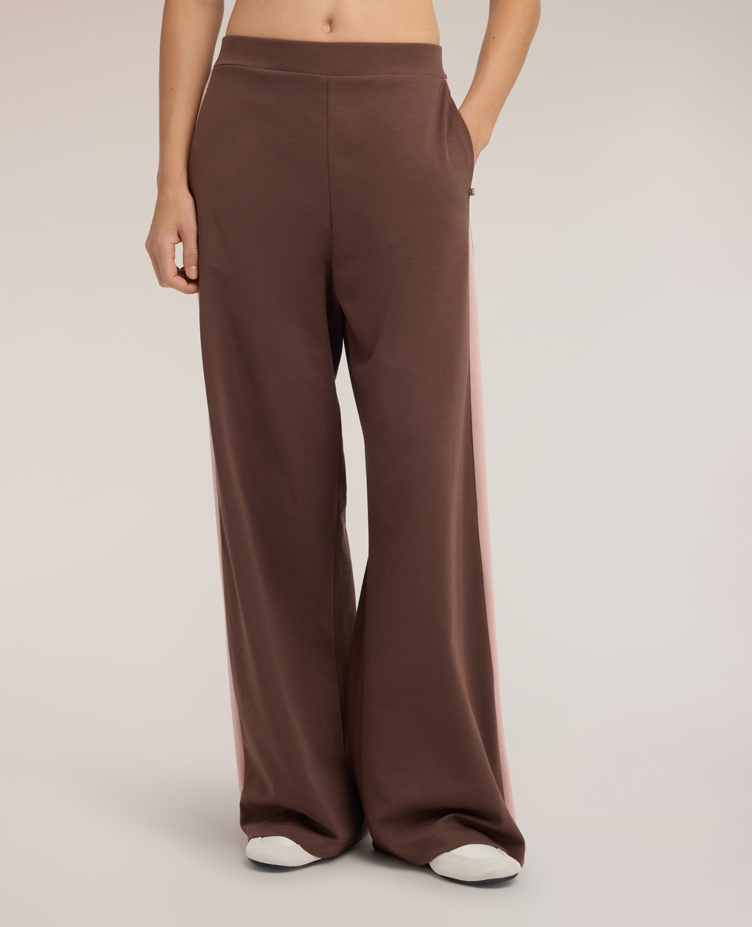 Pantalones de mujer palazzo con banda lateral ajuste ancho con banda elástica en la cintura - Motivi - Marrón Marrón-3