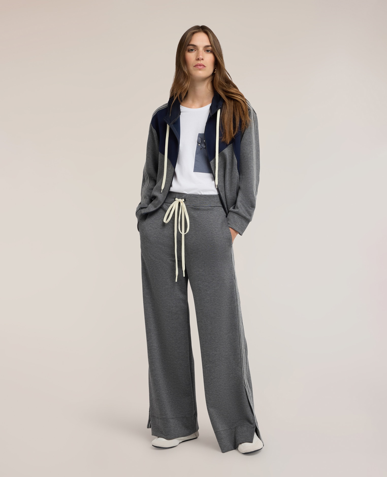 Pantalones de mujer palazzo de punto con bandas a rayas ajuste ancho cintura elástica con cordón ajustable - Motivi - Gris Gris-1