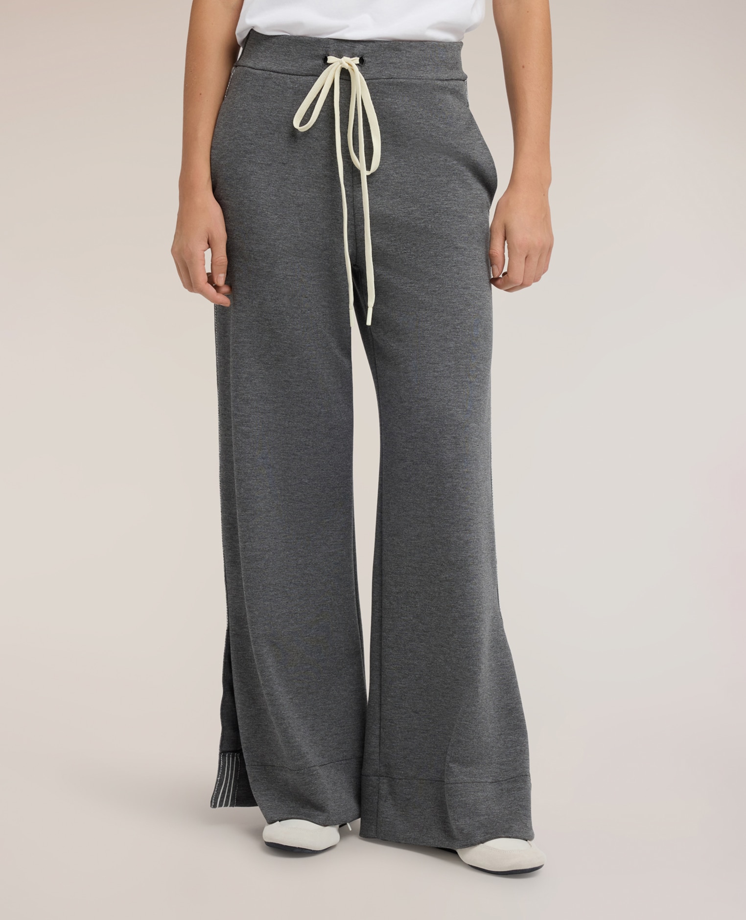 Pantalones de mujer palazzo de punto con bandas a rayas ajuste ancho cintura elástica con cordón ajustable - Motivi - Gris Gris-3