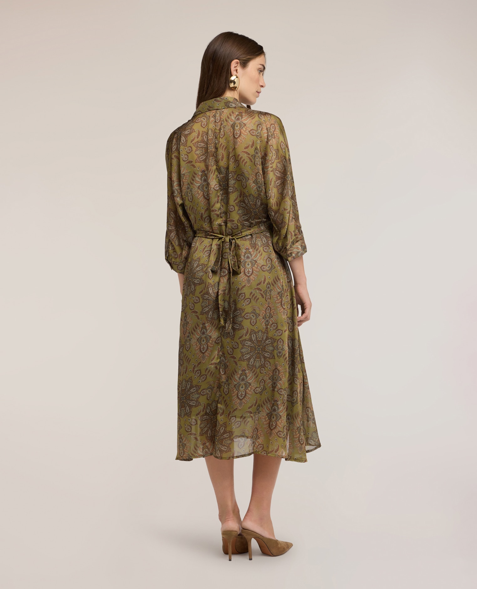 Vestido camisero de satén con estampado largo midi cierre frontal con botones - Motivi - Verde militar Verde militar-2