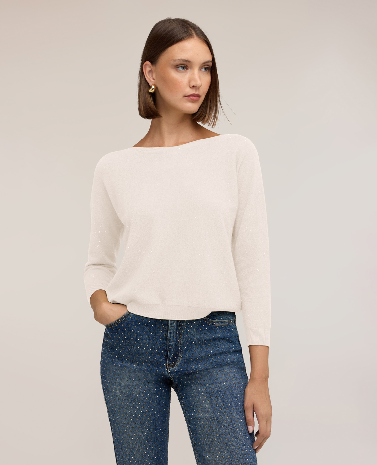 Jersey de mujer kimono con lentejuelas ajuste boxy longitud media - Motivi - Blanco Blanco-1