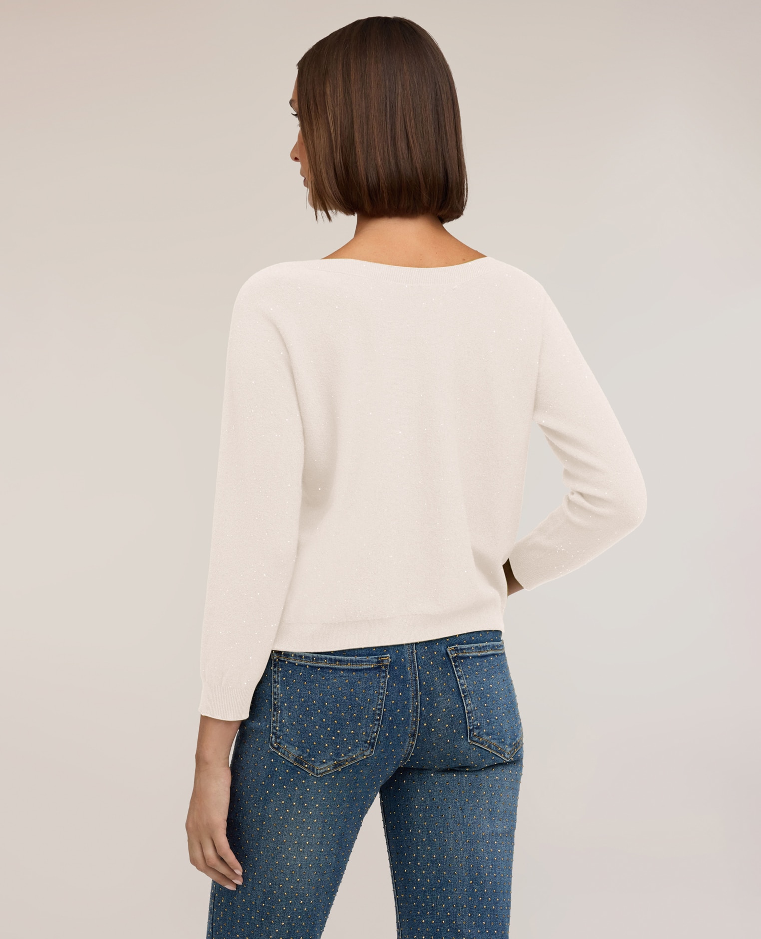 Jersey de mujer kimono con lentejuelas ajuste boxy longitud media - Motivi - Blanco Blanco-2