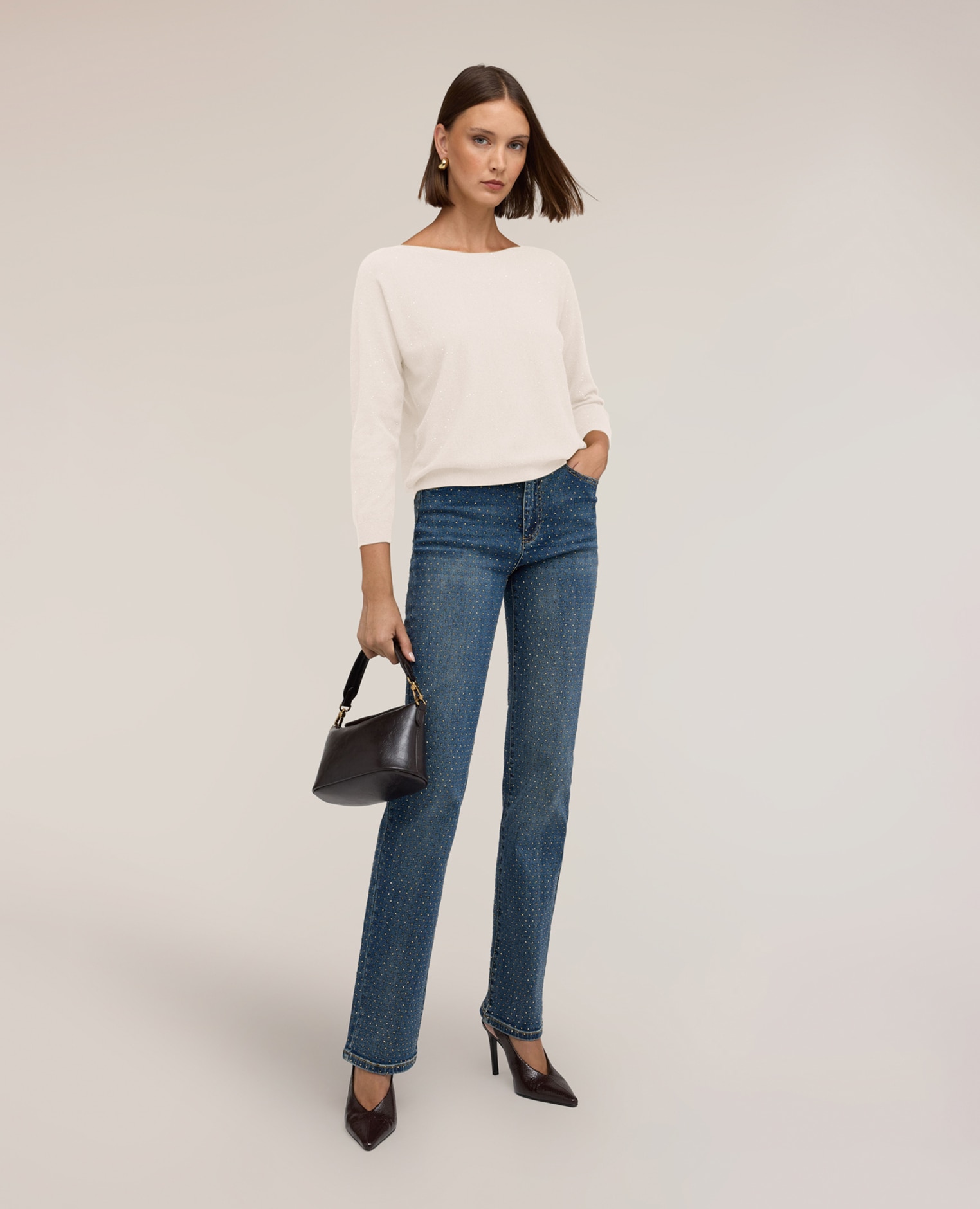 Jersey de mujer kimono con lentejuelas ajuste boxy longitud media - Motivi - Blanco Blanco-3
