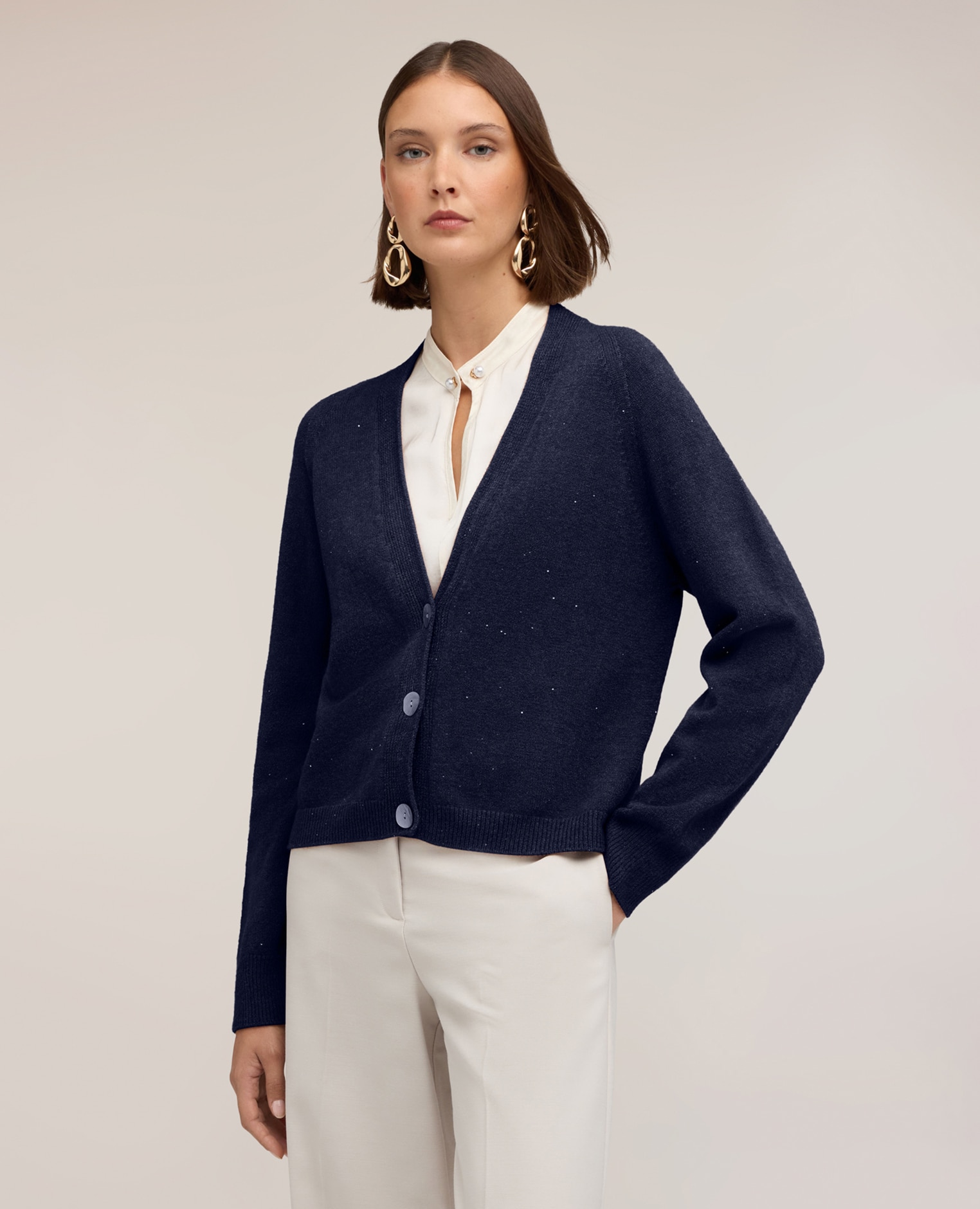 Cárdigan de mujer de punto fino con cuello en pico largo medio corte regular - Motivi - Azul Azul-1