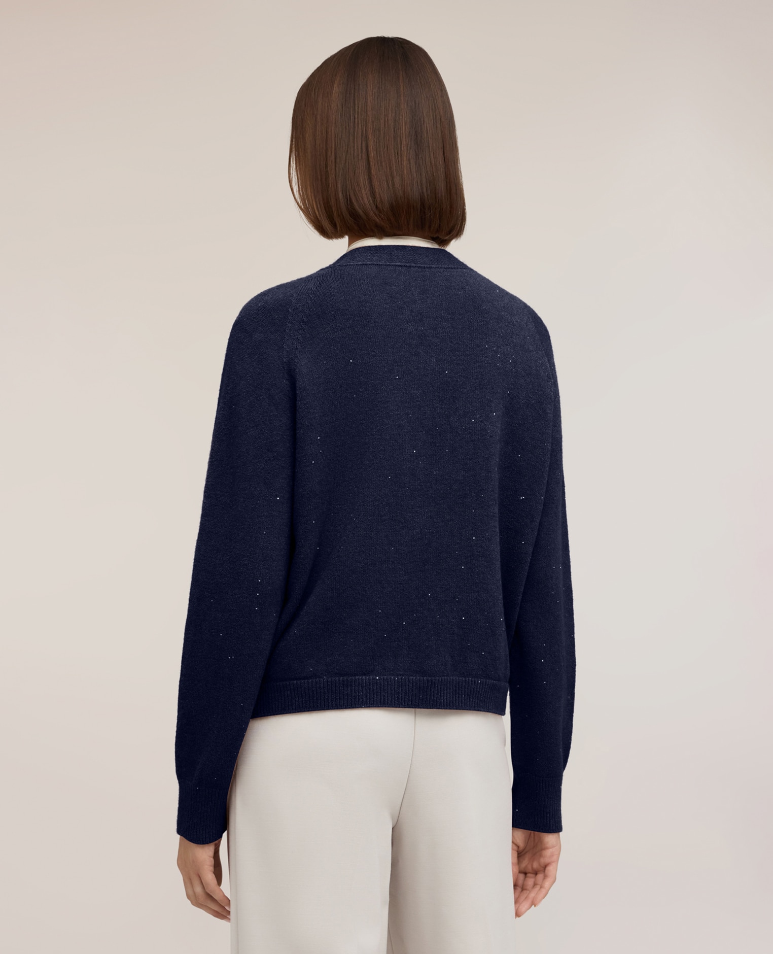 Cárdigan de mujer de punto fino con cuello en pico largo medio corte regular - Motivi - Azul Azul-2