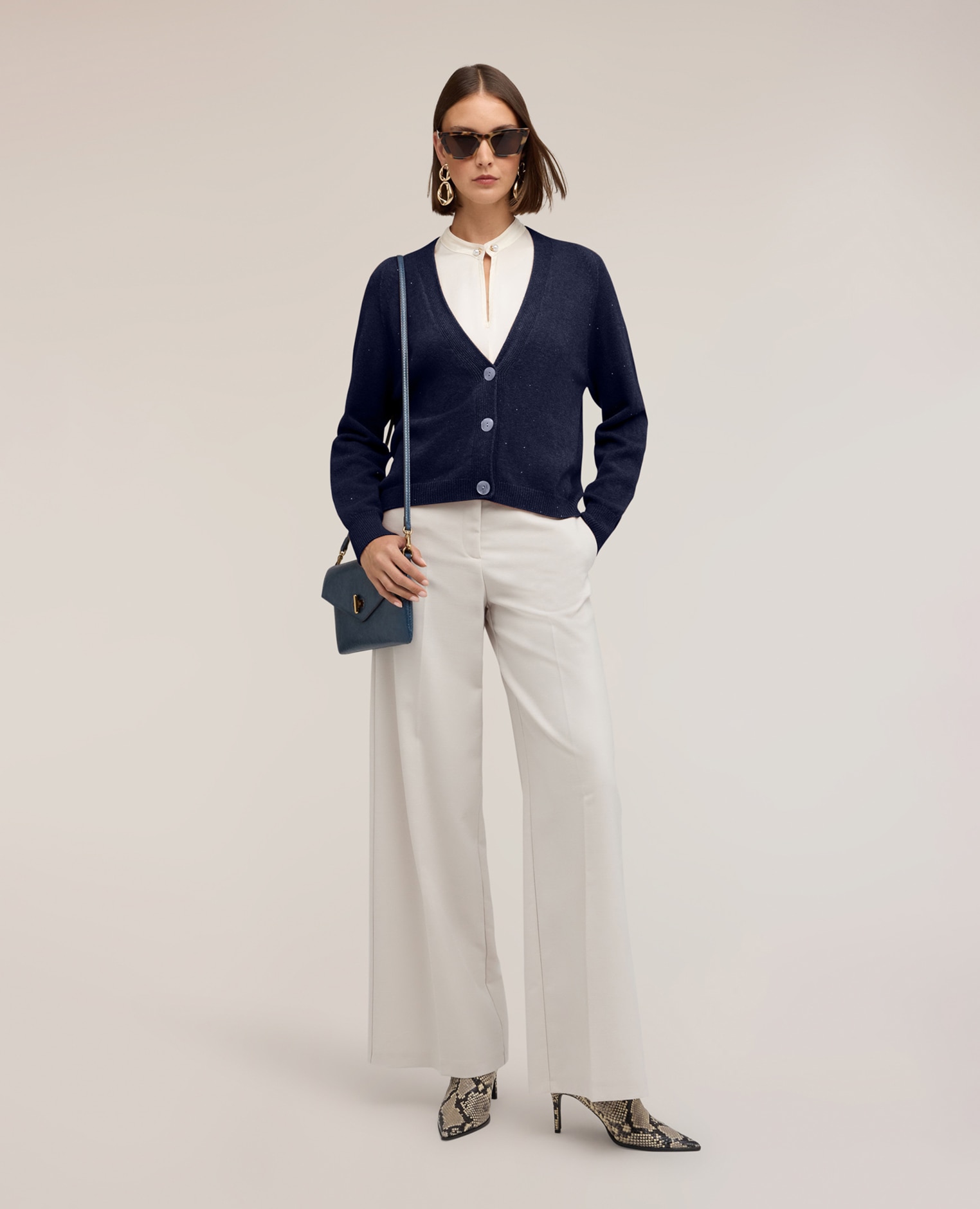Cárdigan de mujer de punto fino con cuello en pico largo medio corte regular - Motivi - Azul Azul-3
