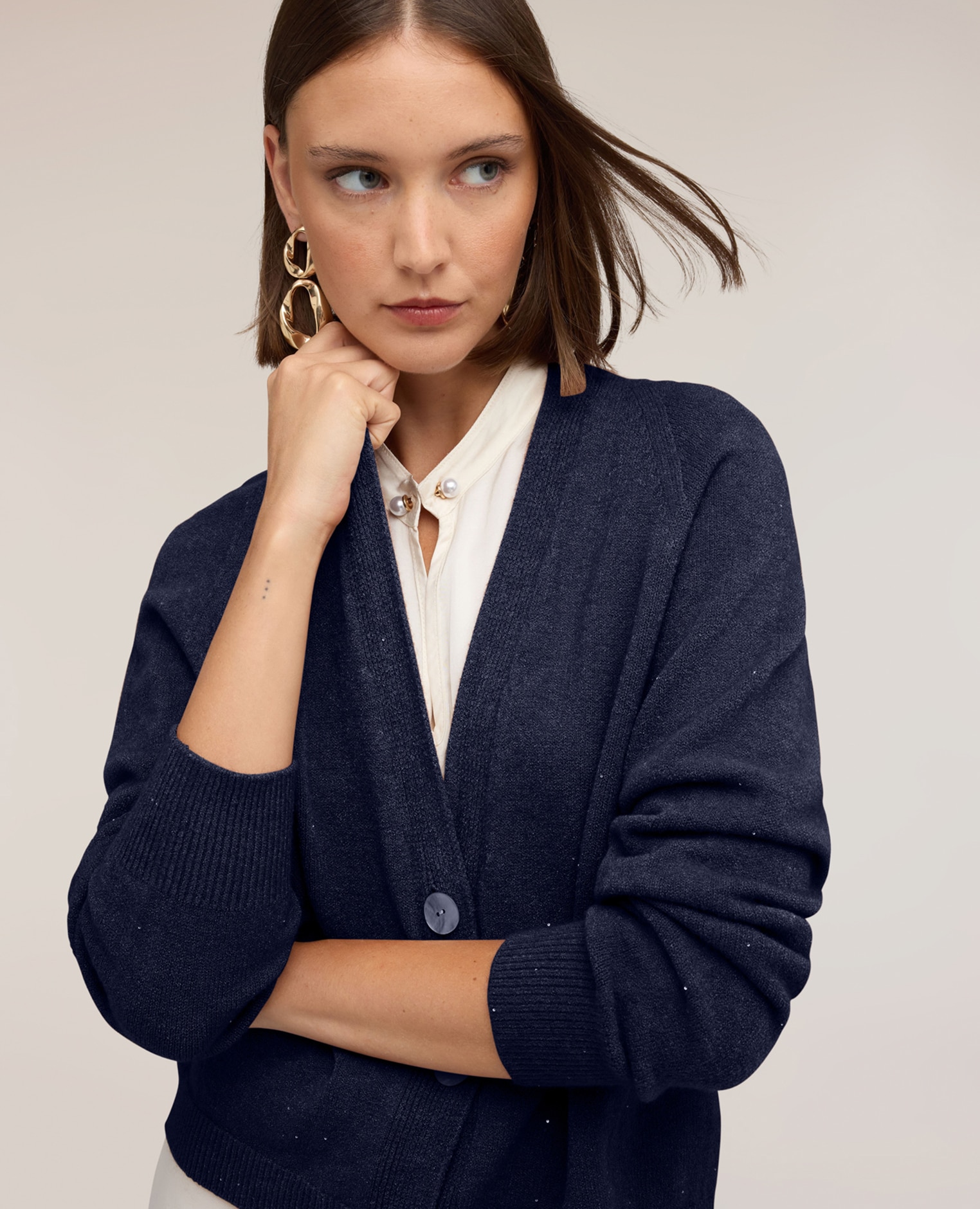 Cárdigan de mujer de punto fino con cuello en pico largo medio corte regular - Motivi - Azul Azul-4