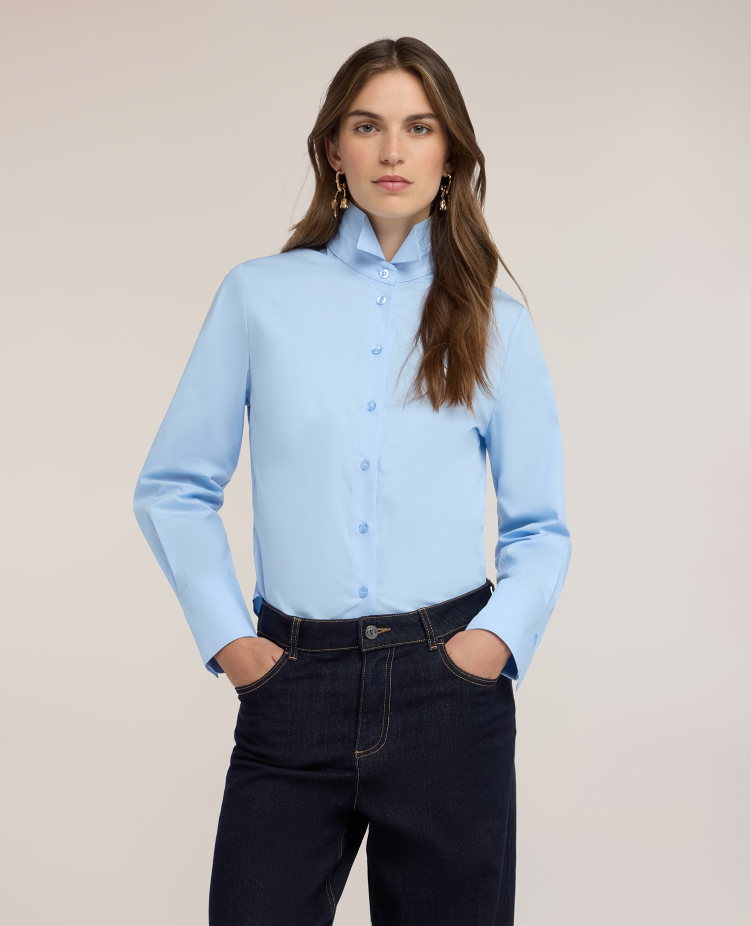 Camisa de mujer de popelín con cuello de punta ajuste regular abertura frontal con botones a la vista - Motivi - Azul claro Azul claro-1