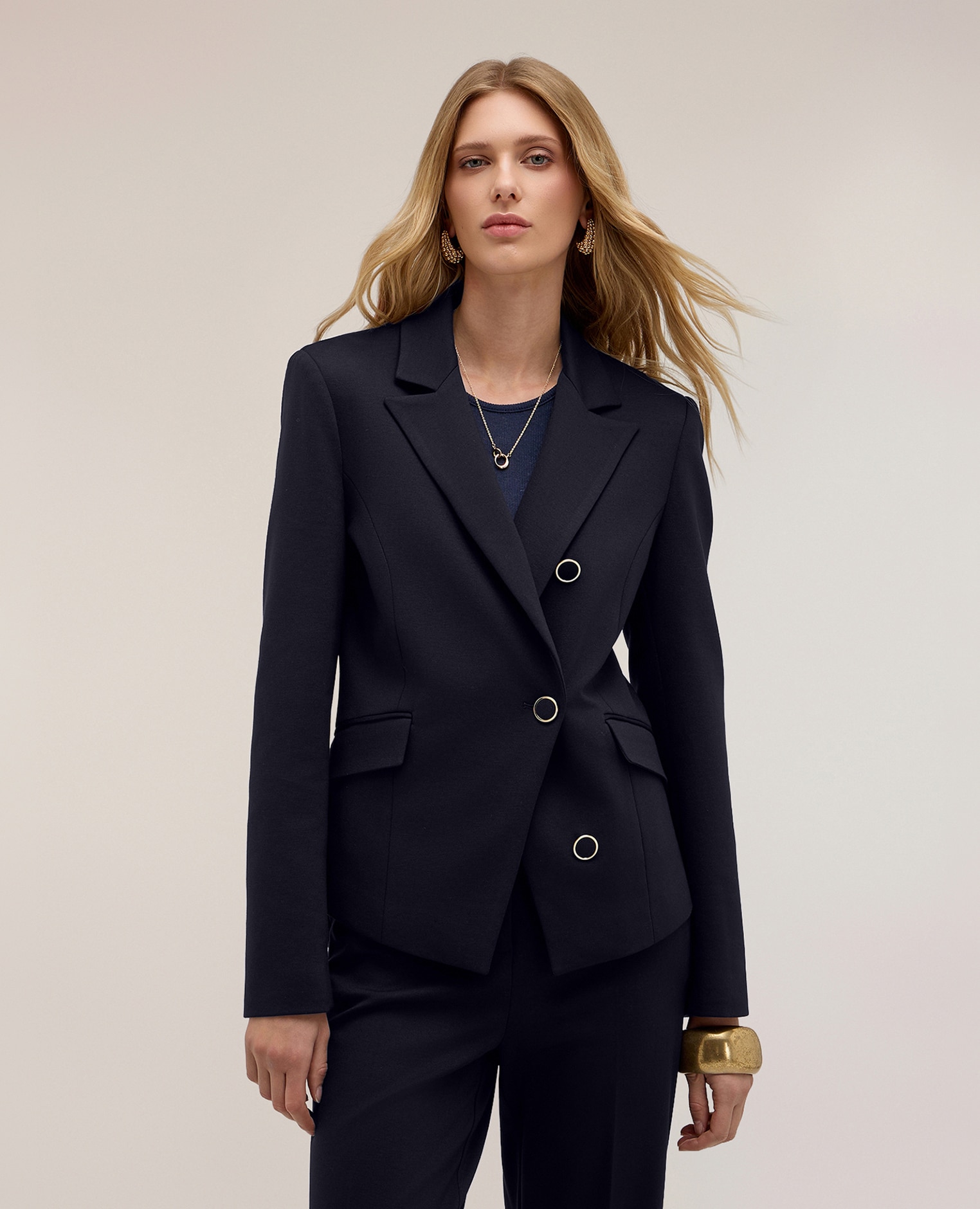 Blazer de mujer cruzado en punto milano corte entallado largo medio - Motivi - Azul Azul-1