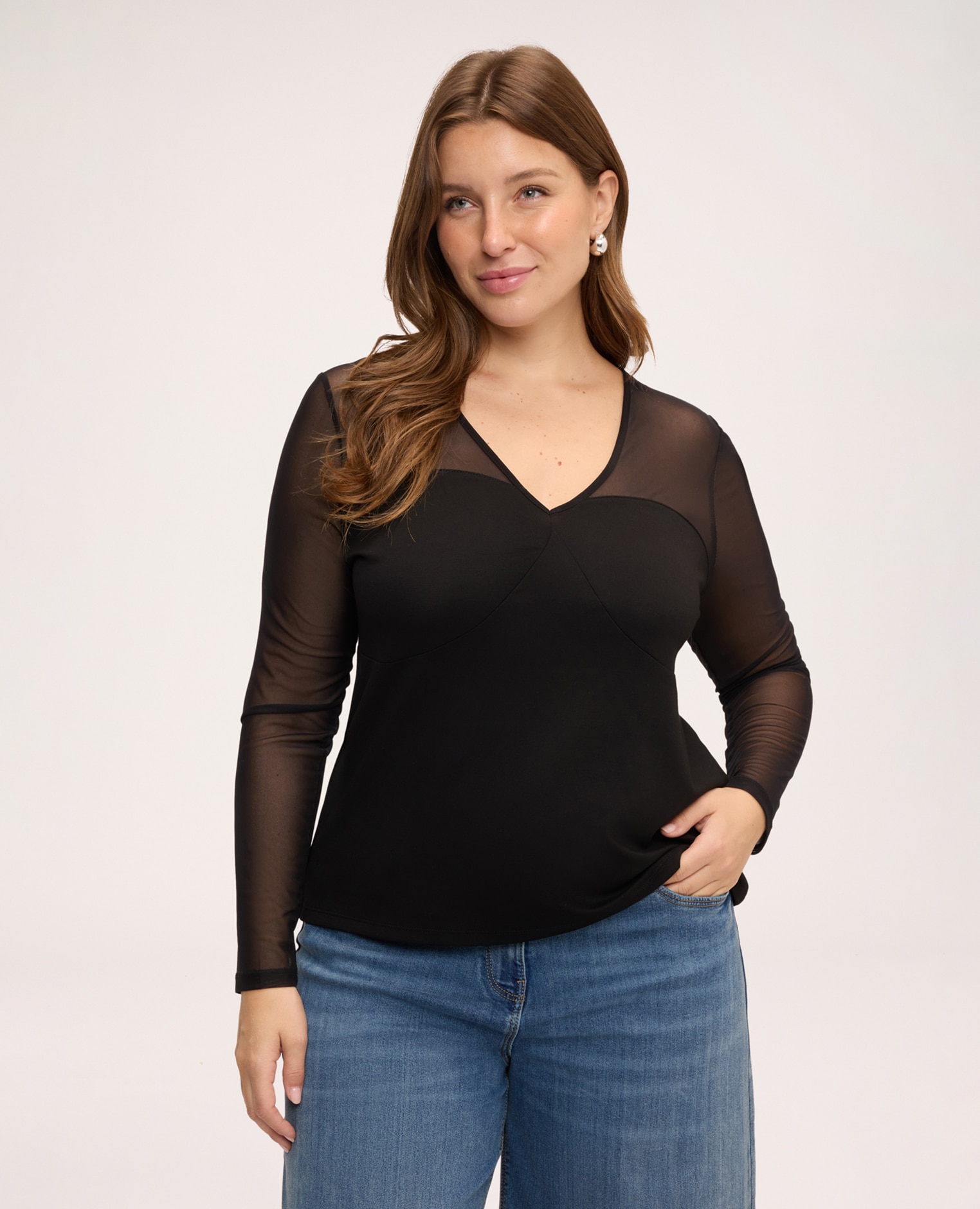 Camiseta de mujer de jersey y tul costuras con efecto copa en la parte delantera - Fiorella Rubino - Negro Negro-1