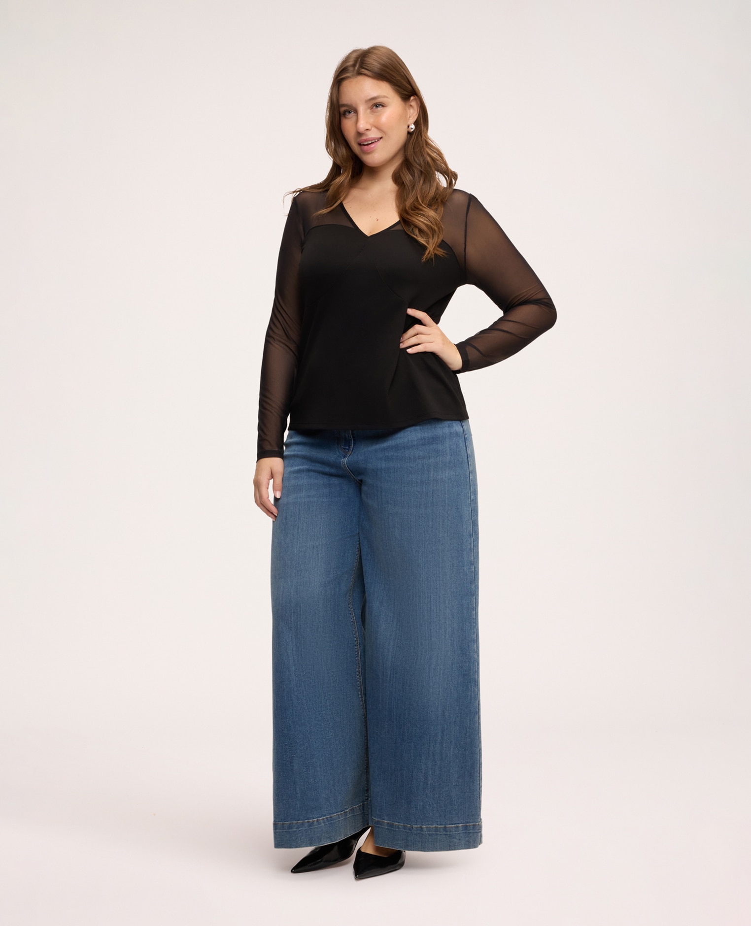 Camiseta de mujer de jersey y tul costuras con efecto copa en la parte delantera - Fiorella Rubino - Negro Negro-3