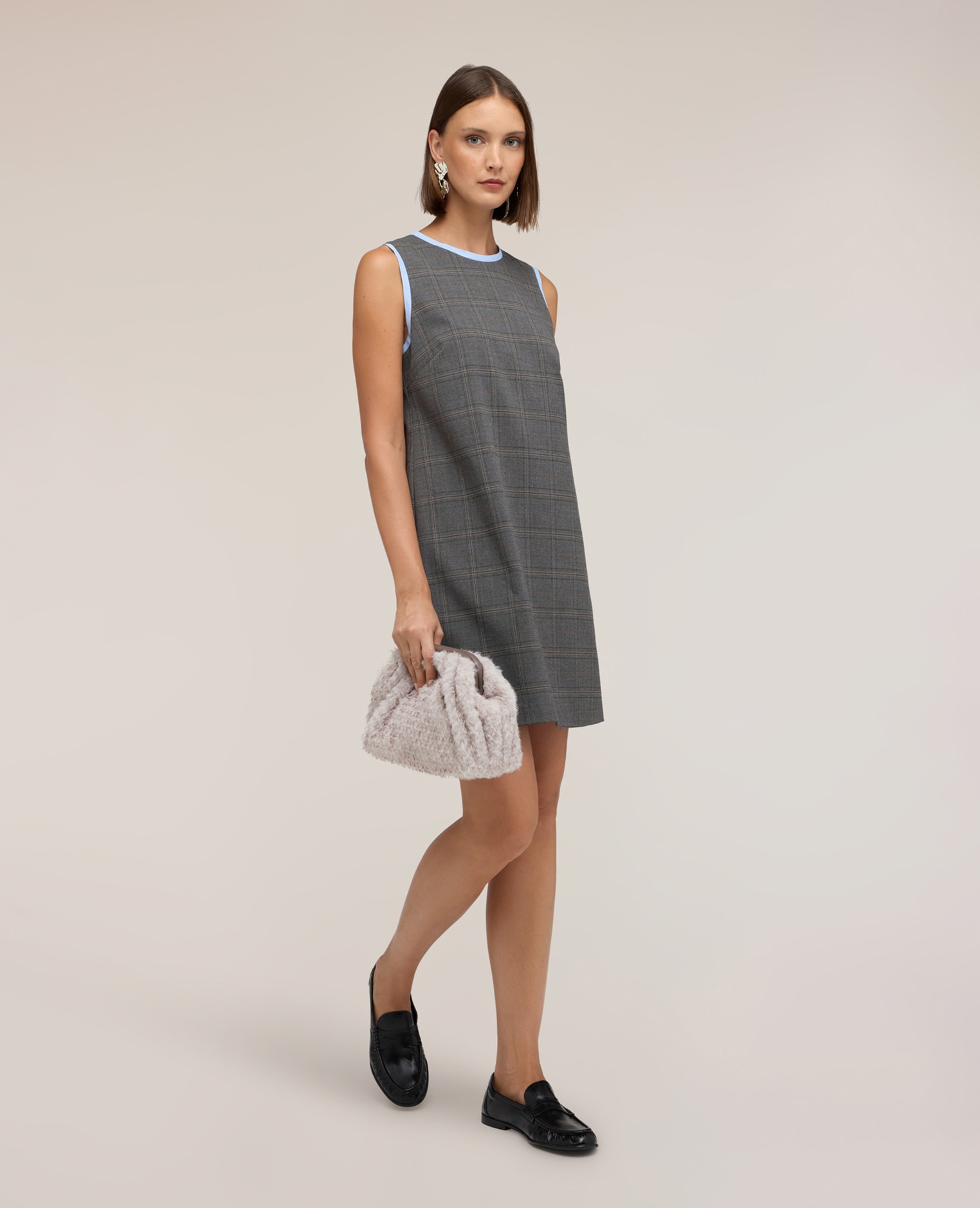 Vestido de cuadros con borde de contraste línea evasé cierre con cremallera en el centro trasero - Motivi - Gris Gris-3
