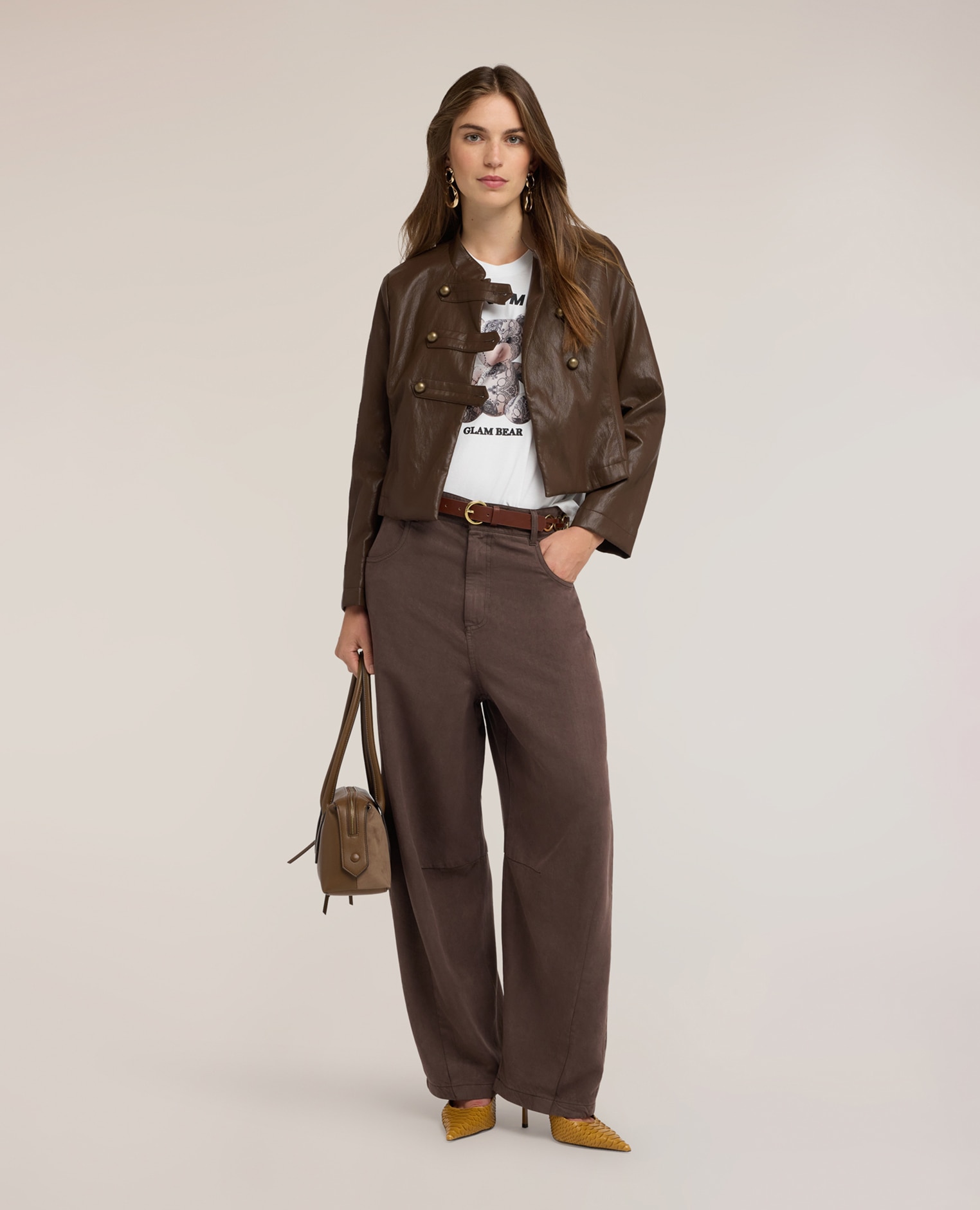 Chaqueta de mujer militar con botones metálicos corte corto corte regular - Motivi - Marrón Marrón-3