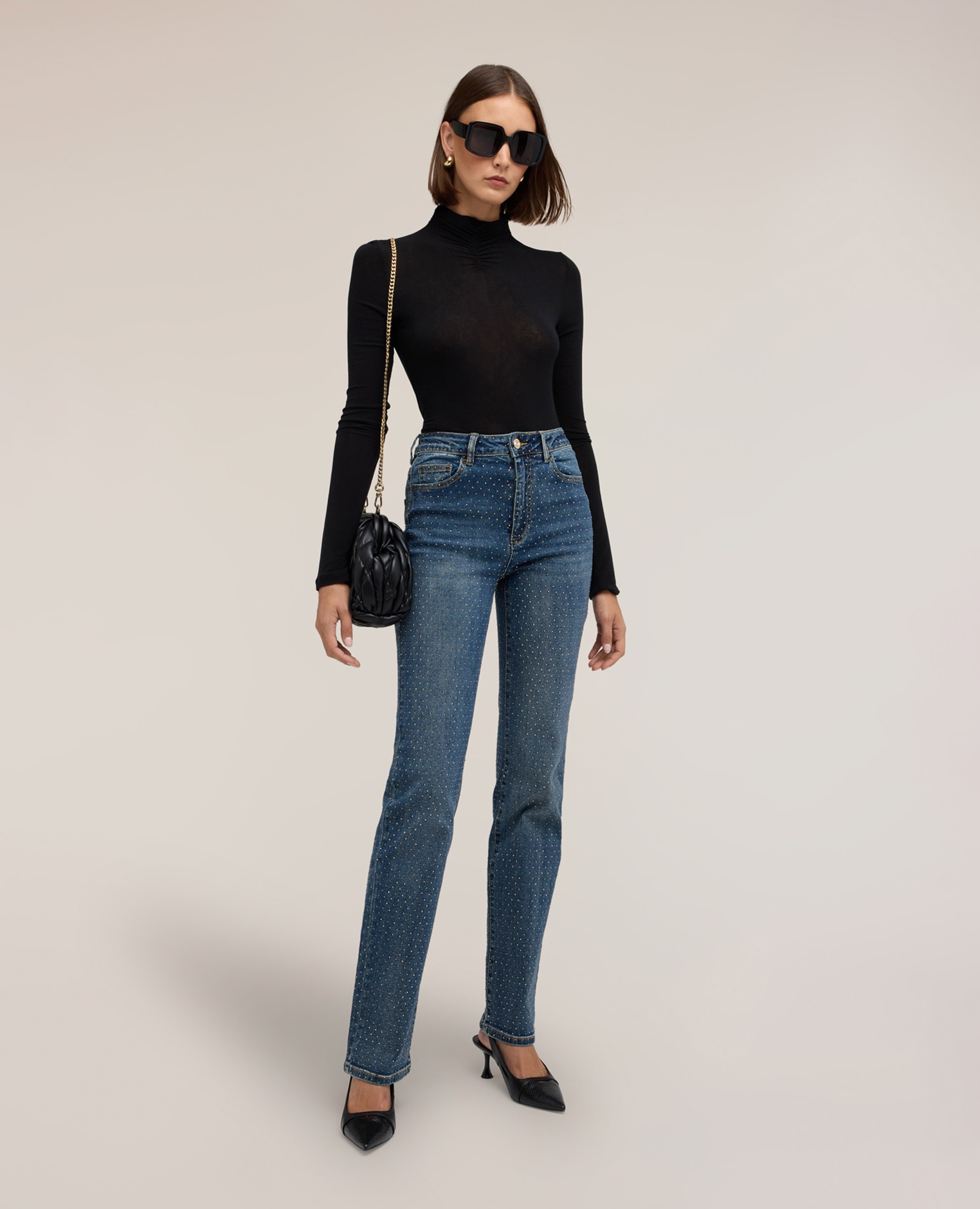 Camiseta de mujer de cuello alto de mezcla de cachemira ajuste entallado - Motivi - Negro Negro-3