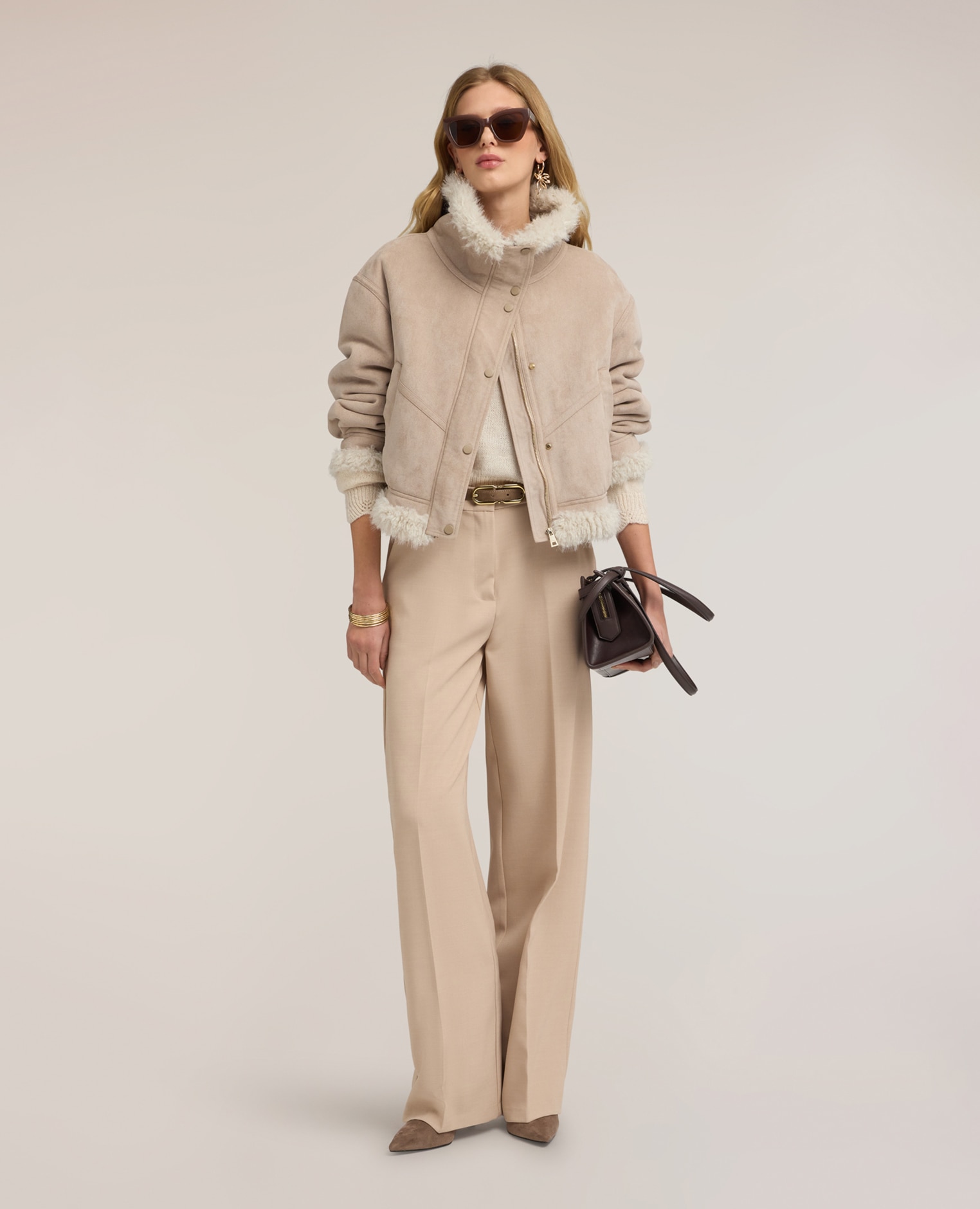 Imagen 1 de Pantalones de mujer palazzo de talle alto con pinza corte palazzo cierre frontal con gancho y cremallera - Motivi - Beige Beige