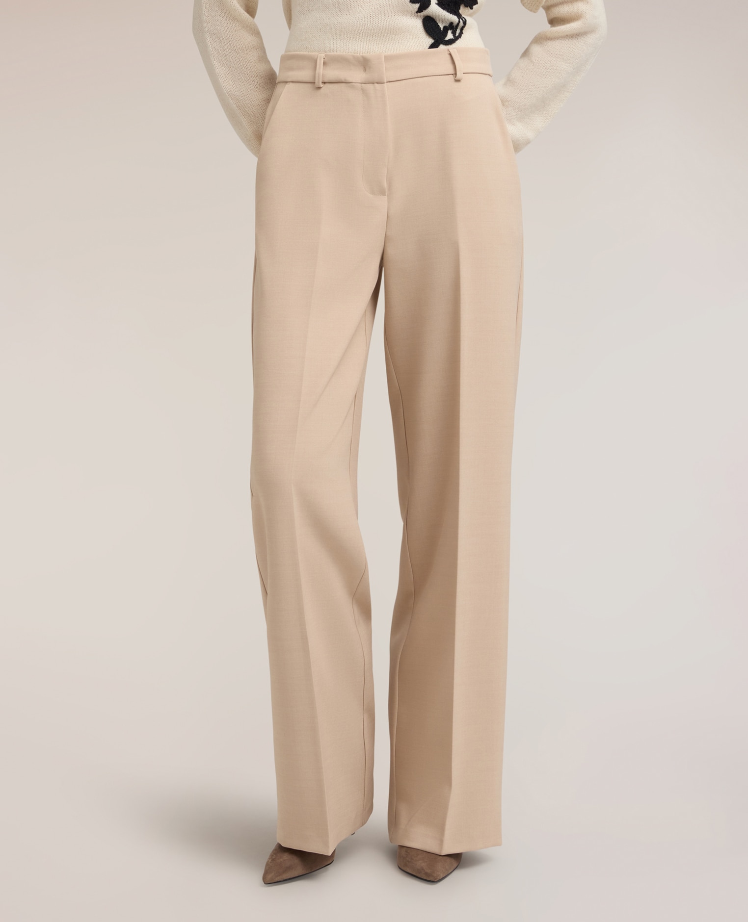 Imagen 3 de Pantalones de mujer palazzo de talle alto con pinza corte palazzo cierre frontal con gancho y cremallera - Motivi - Beige Beige