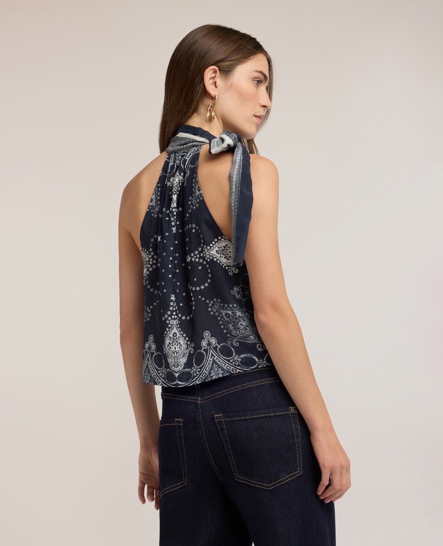 Top de mujer de muselina de algodón con estampado ajuste regular sin mangas - Motivi - Azul Azul-2