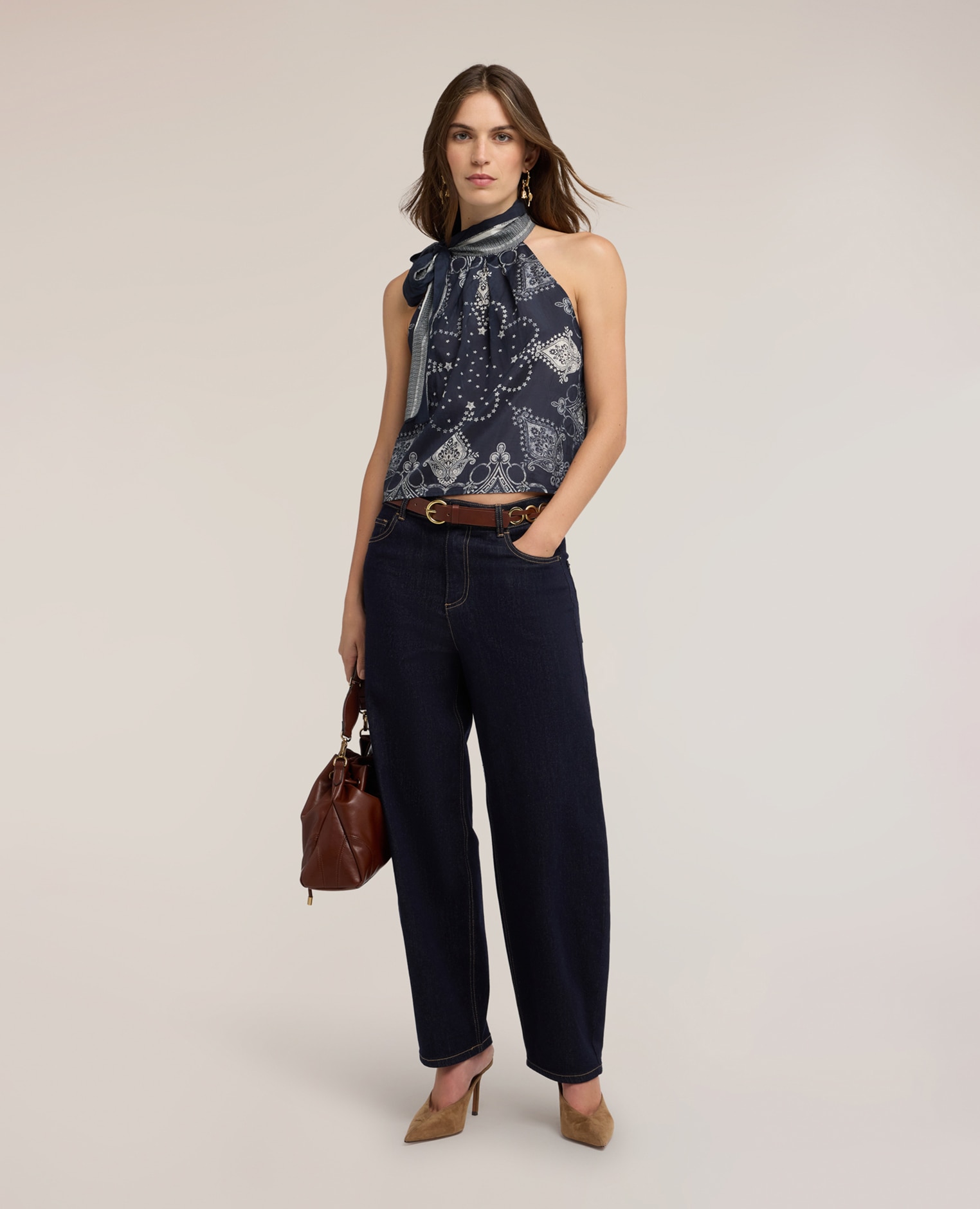 Top de mujer de muselina de algodón con estampado ajuste regular sin mangas - Motivi - Azul Azul-3