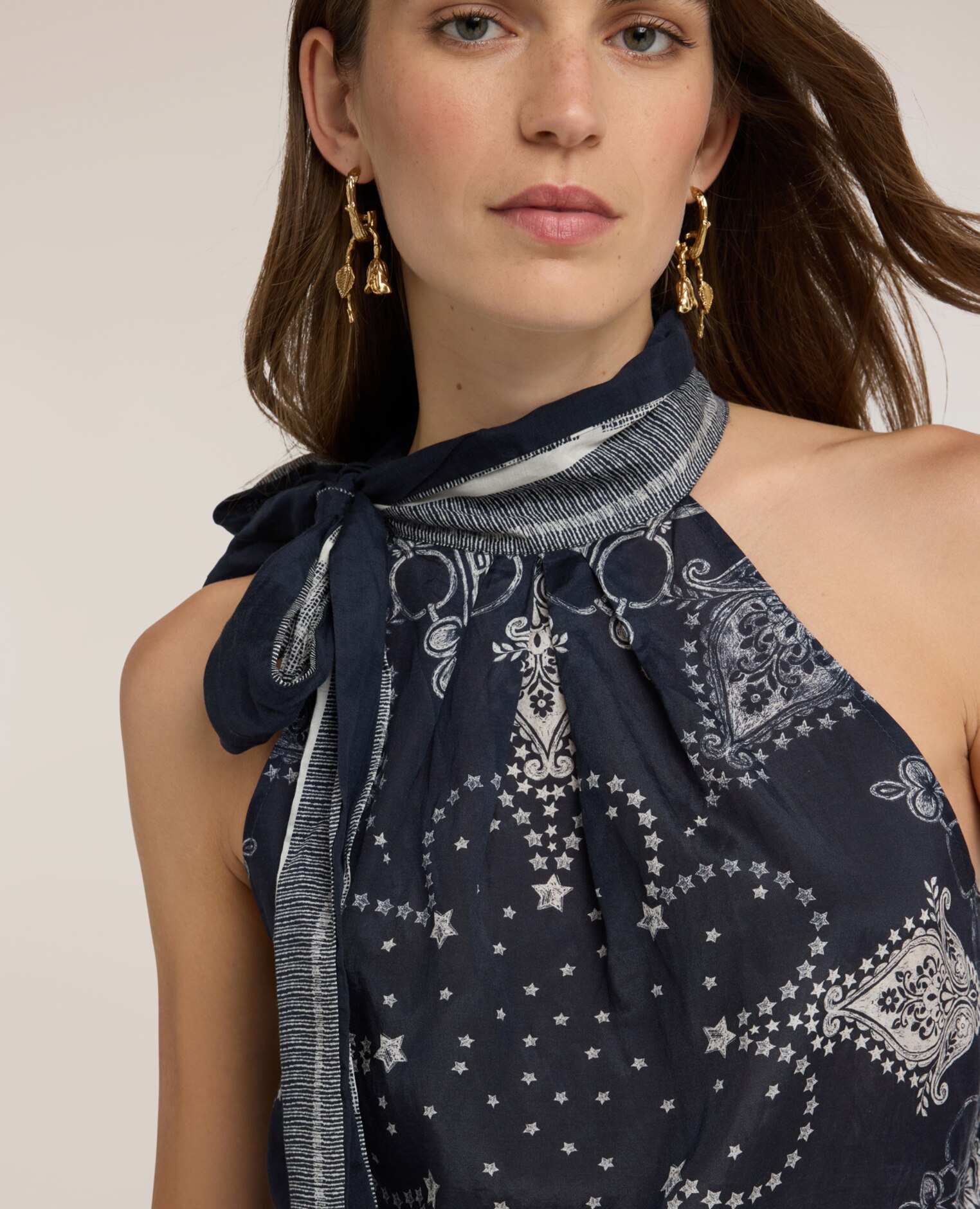 Top de mujer de muselina de algodón con estampado ajuste regular sin mangas - Motivi - Azul Azul-4