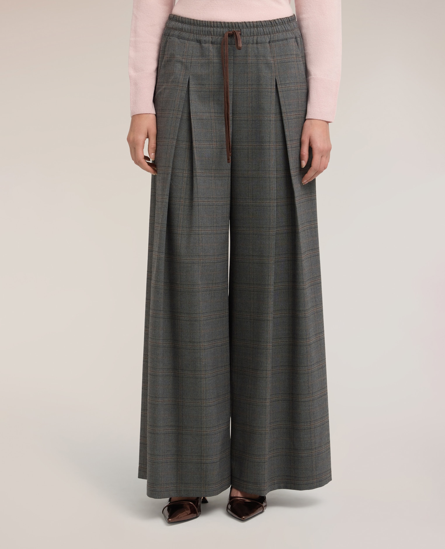 Imagen 3 de Pantalones de mujer palazzo estampado check corte regular cintura elástica con cordón - Motivi - Gris Gris