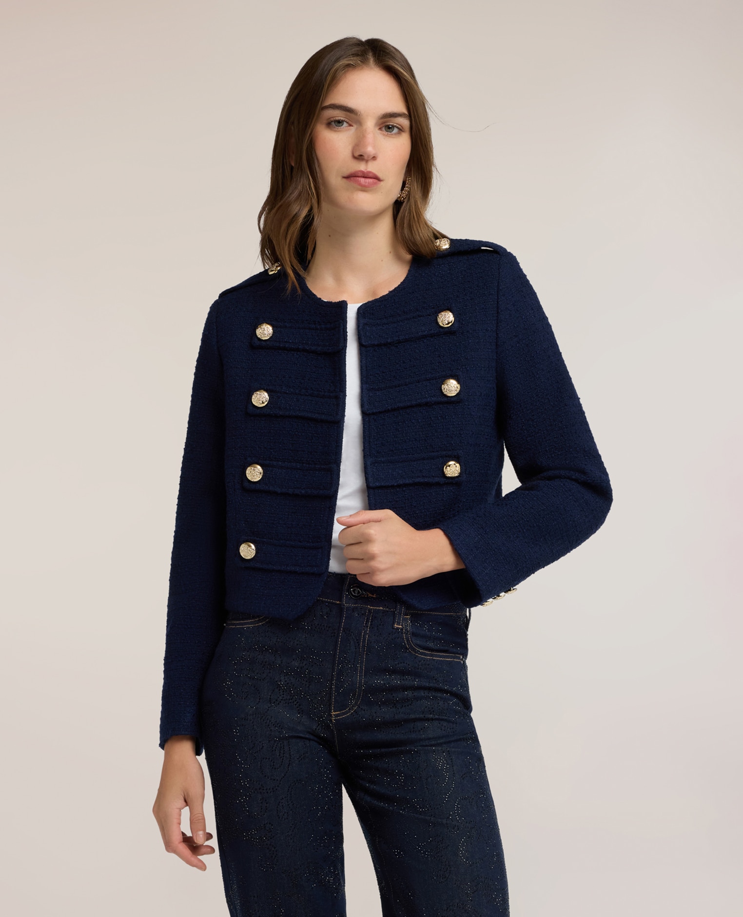 Imagen 1 de Chaqueta de mujer corta de tweed con botones joya ajuste fitted cierre con corchetes y botones decorativos de metal - Motivi - Azul Azul